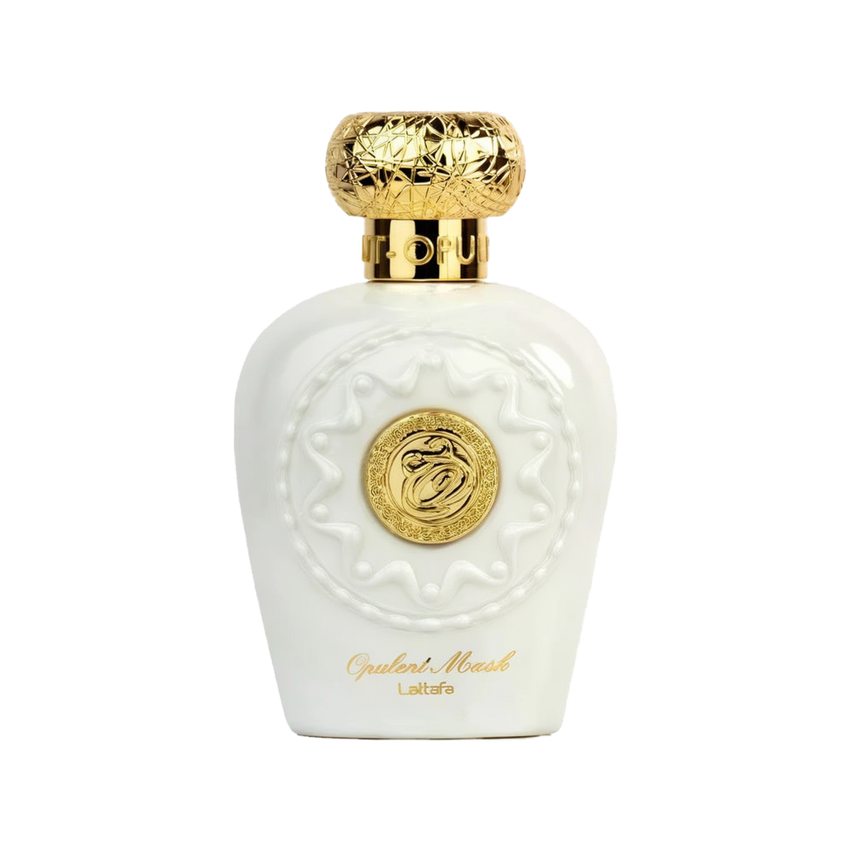 Image of Opulent Musk Eau De Parfum by Lattafa. The perfume bottle is prominently displayed, featuring a luxurious white design with a golden medallion at the center and a detailed golden cap.