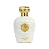 Image of Opulent Musk Eau De Parfum by Lattafa. The perfume bottle is prominently displayed, featuring a luxurious white design with a golden medallion at the center and a detailed golden cap.