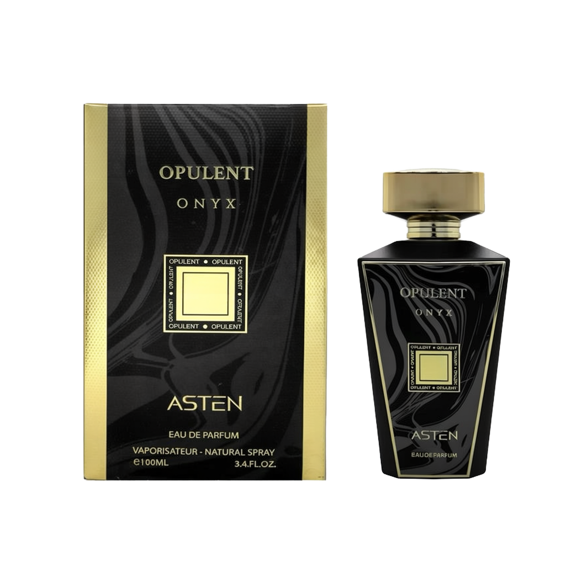 A black rectangular perfume box with gold borders and the words “OPULENT ONYX” in gold at the top. Beside it stands a matching black, angular perfume bottle with a gold cap. The bottle’s label mirrors the box design, featuring “Opulent Onyx” in gold text and a gold square accent, with “Asten Eau De Parfum” at the bottom.