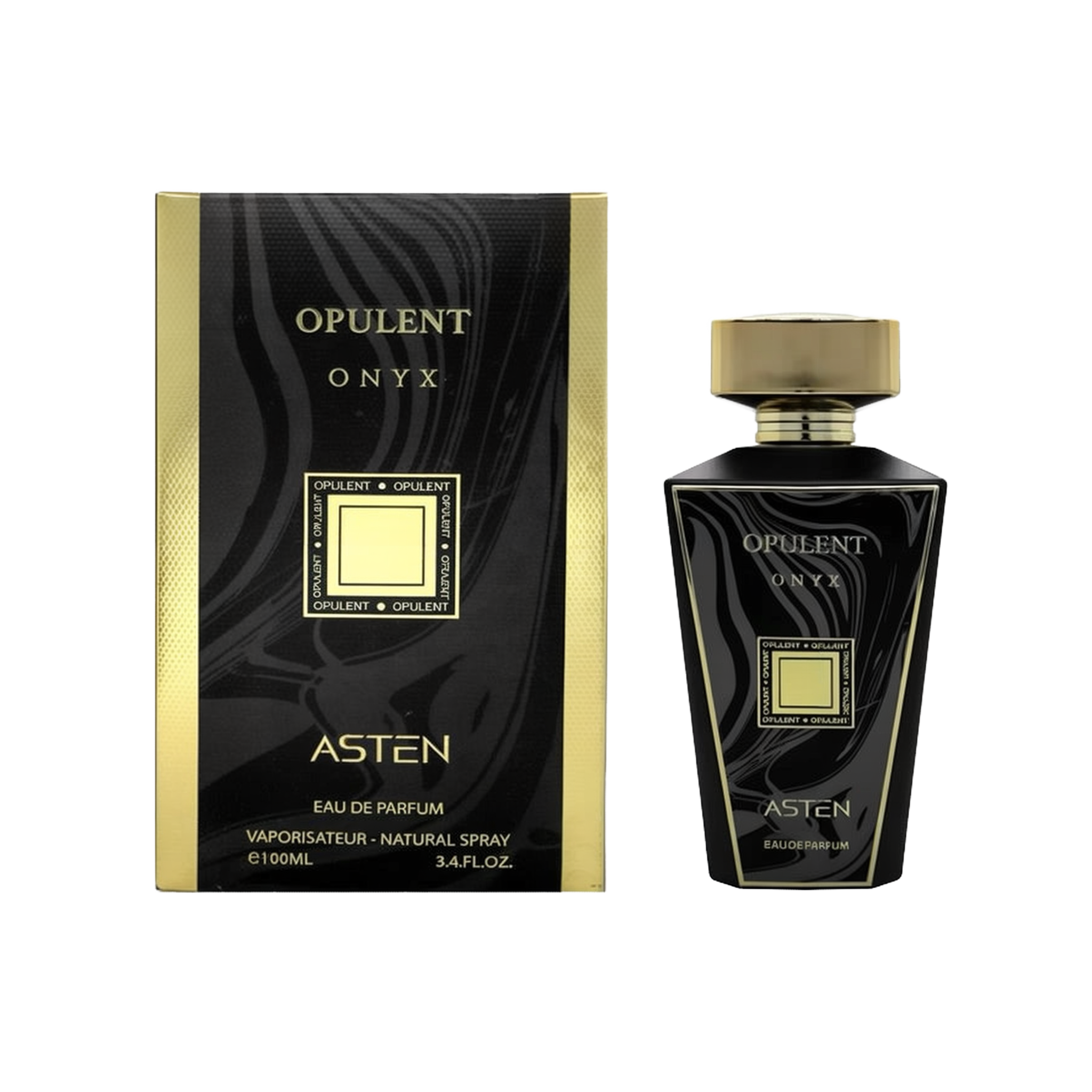 A black rectangular perfume box with gold borders and the words “OPULENT ONYX” in gold at the top. Beside it stands a matching black, angular perfume bottle with a gold cap. The bottle’s label mirrors the box design, featuring “Opulent Onyx” in gold text and a gold square accent, with “Asten Eau De Parfum” at the bottom.