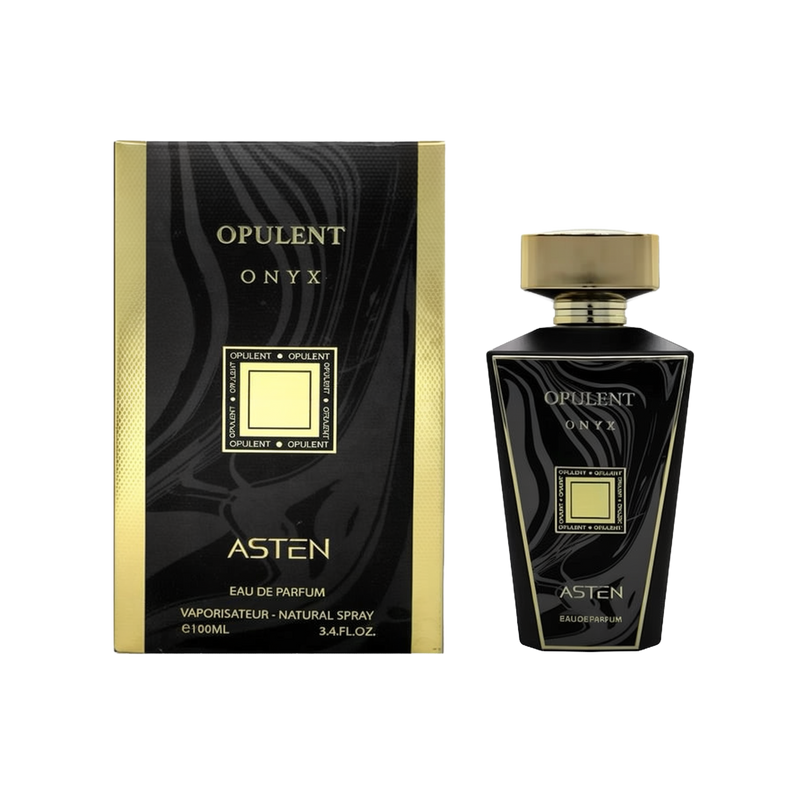 A black rectangular perfume box with gold borders and the words “OPULENT ONYX” in gold at the top. Beside it stands a matching black, angular perfume bottle with a gold cap. The bottle’s label mirrors the box design, featuring “Opulent Onyx” in gold text and a gold square accent, with “Asten Eau De Parfum” at the bottom.