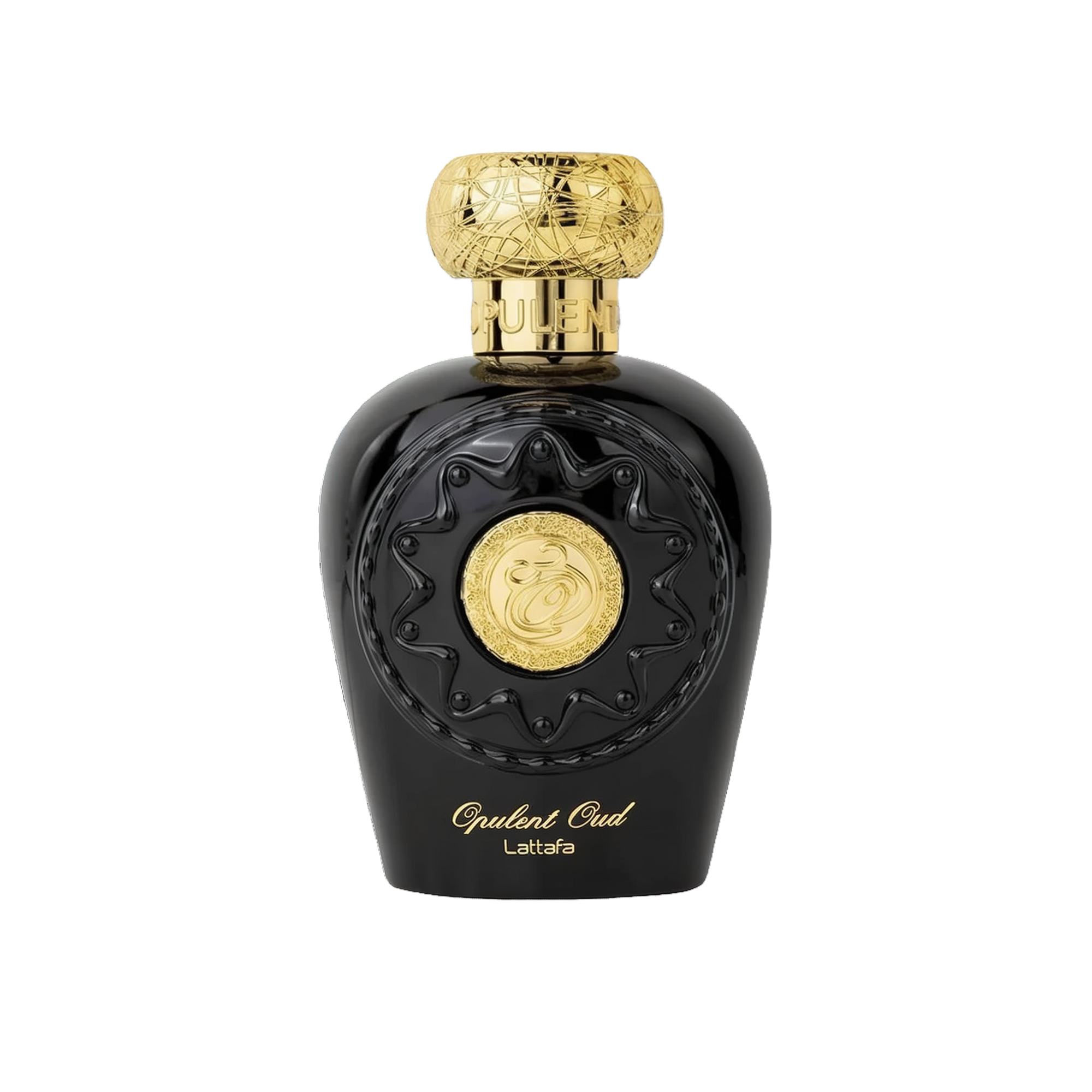 Image of Opulent Oud Eau de Parfum by Lattafa. The bottle is showcased individually, emphasizing its sleek black design with a rich golden cap and a central golden medallion. The bottle's intricate detailing around the medallion, coupled with the 'Opulent