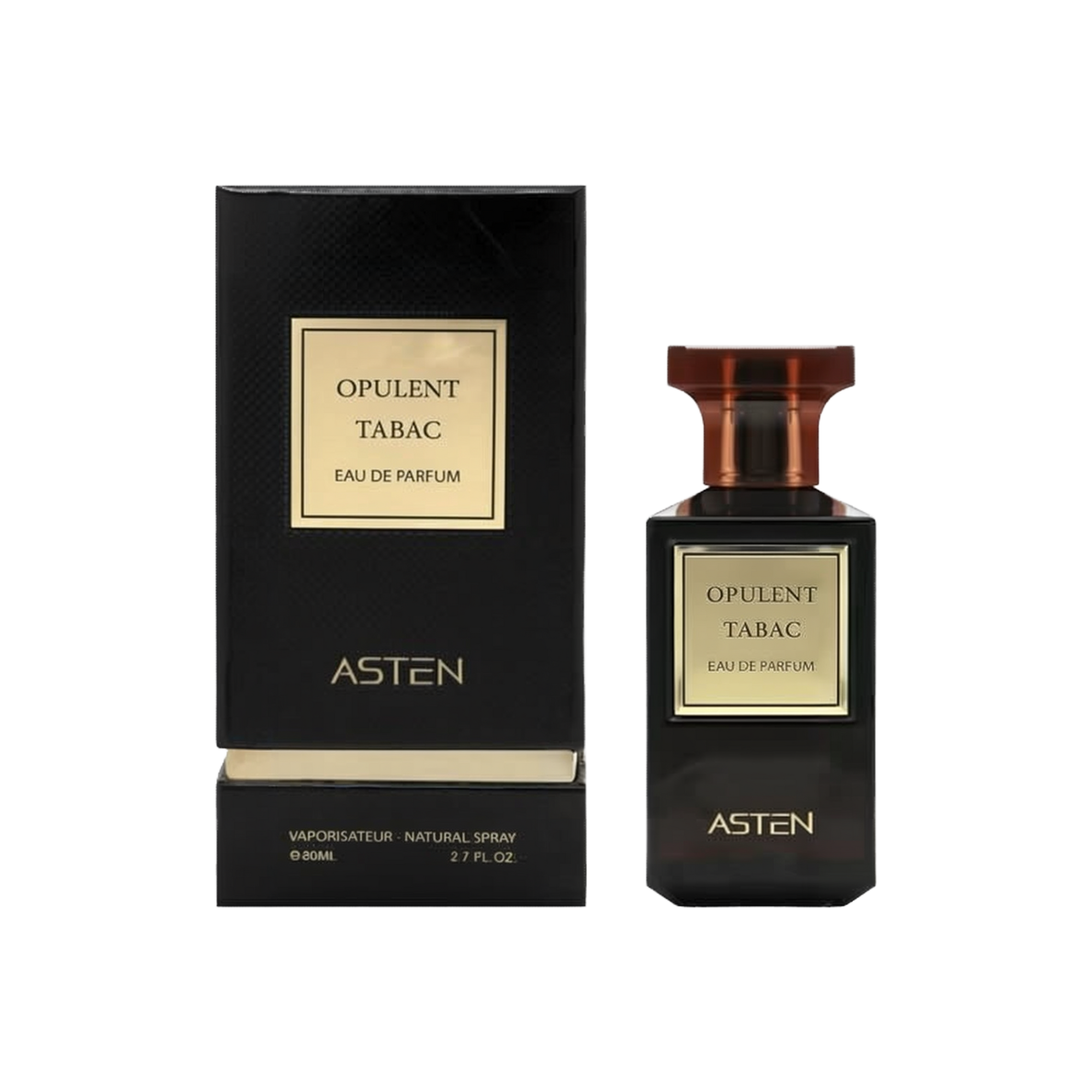 A black rectangular perfume box with a gold square label reading “OPULENT TABAC Eau De Parfum” stands next to a matching rectangular glass bottle with a translucent amber cap. The same gold label is on the bottle’s front, and “ASTEN” is printed near the bottom.