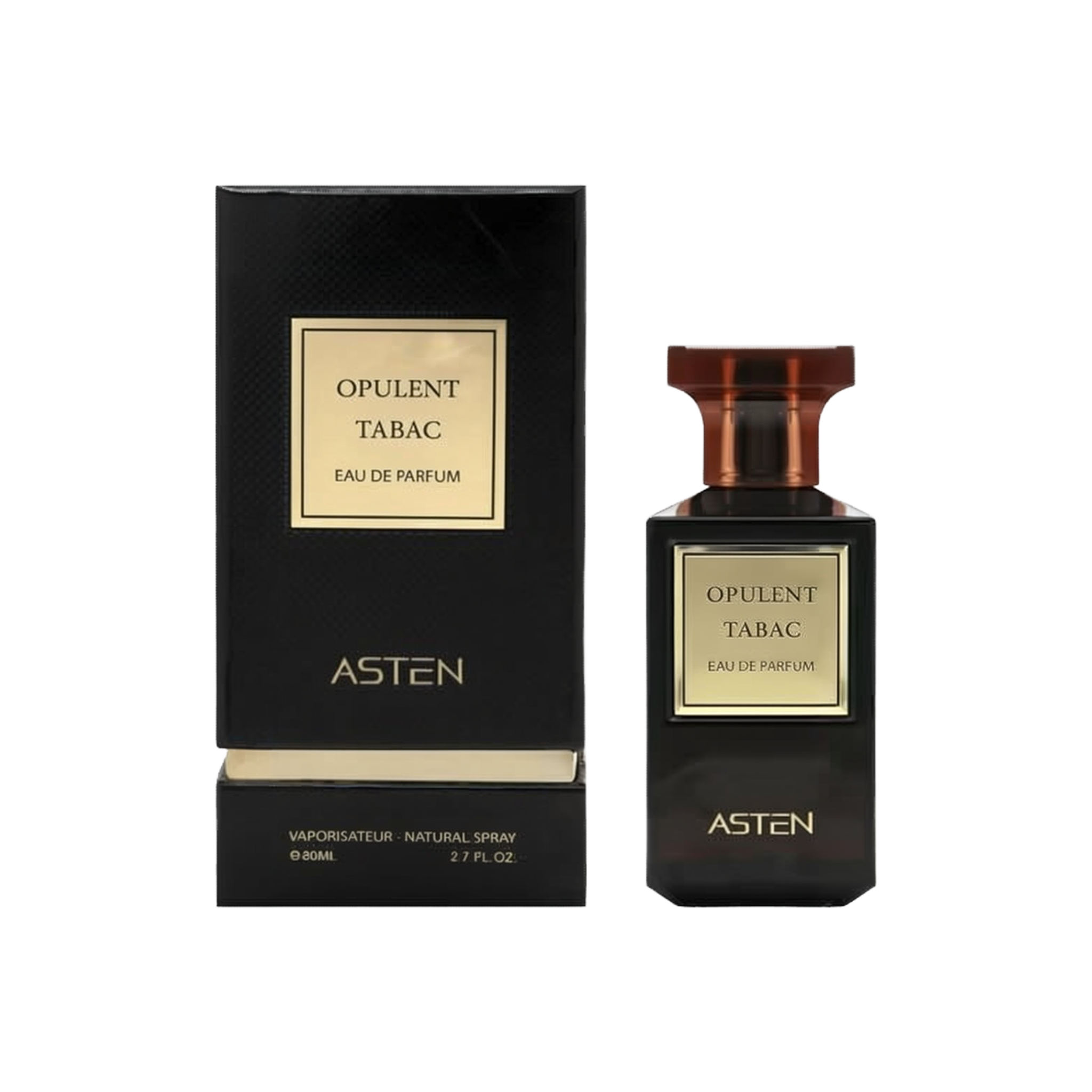 A black rectangular perfume box with a gold square label reading “OPULENT TABAC Eau De Parfum” stands next to a matching rectangular glass bottle with a translucent amber cap. The same gold label is on the bottle’s front, and “ASTEN” is printed near the bottom.