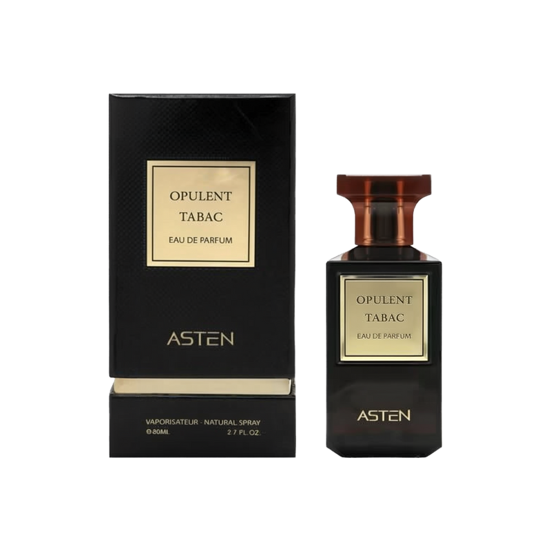 A black rectangular perfume box with a gold square label reading “OPULENT TABAC Eau De Parfum” stands next to a matching rectangular glass bottle with a translucent amber cap. The same gold label is on the bottle’s front, and “ASTEN” is printed near the bottom.
