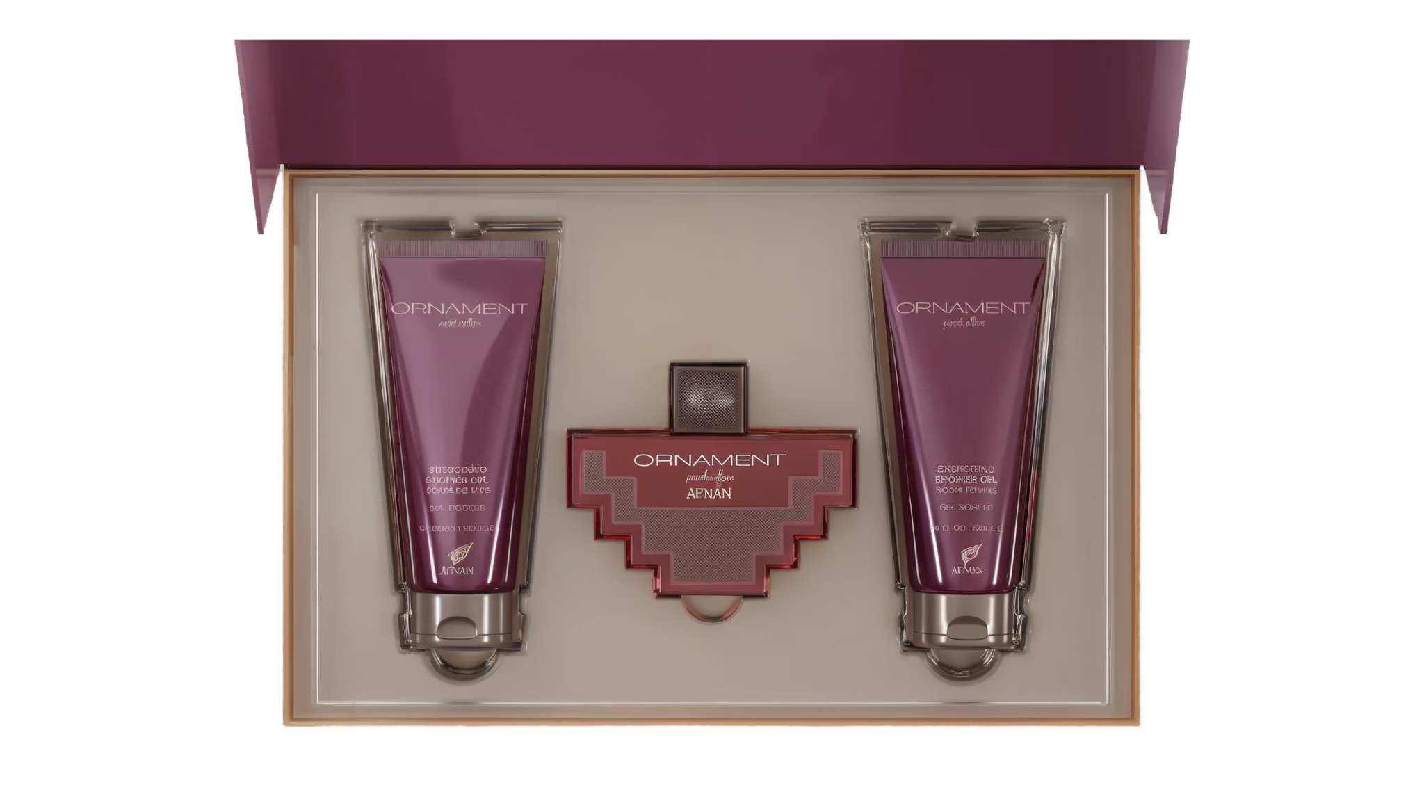 The image shows a gift set by Afnan Perfumes, "ORNAMENT purple allure". It features a perfume bottle and two tubes of shower gel, all in a coordinated deep purple color. The bottle has a unique, cross-shaped design with a red body and silver metalwork. The shower gels are labeled "ENERGIZING SHOWER GEL POUR FEMME" and are housed in sleek, metallic purple tubes.