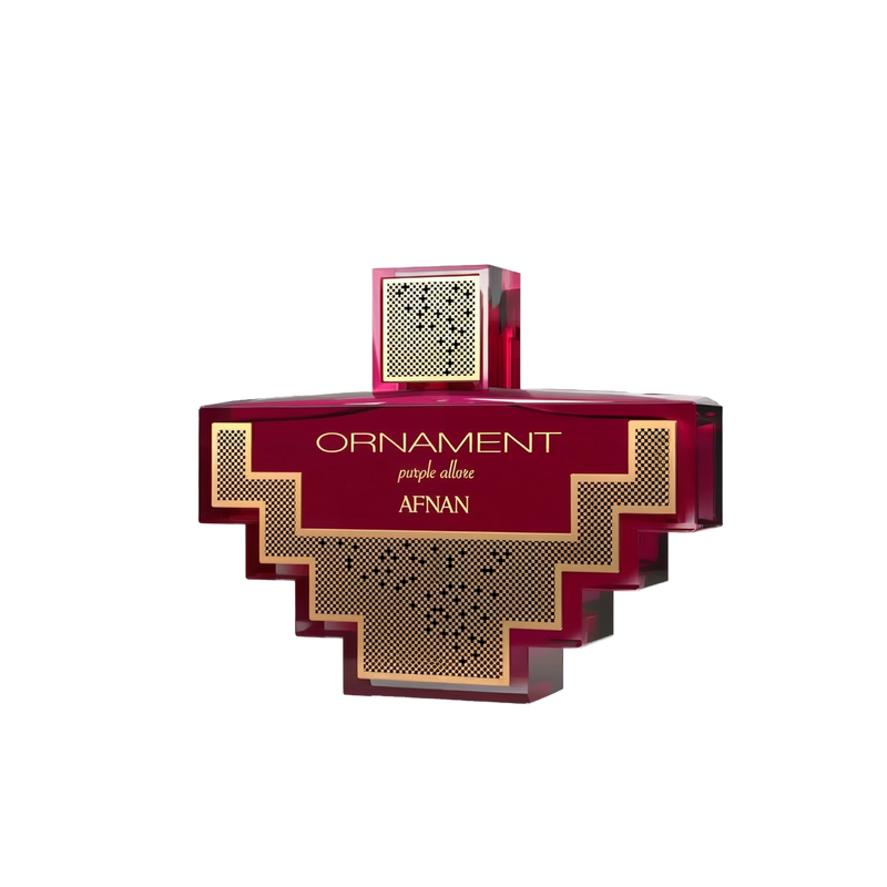 The image shows a perfume bottle with a distinctive design. The bottle is a deep purple color with a complex, geometric shape reminiscent of an ornament or a cross with stepped arms extending from the central square. The center of the bottle features a patterned gold grid design that contrasts with the purple. The cap is square and mirrors the same gold grid pattern. 