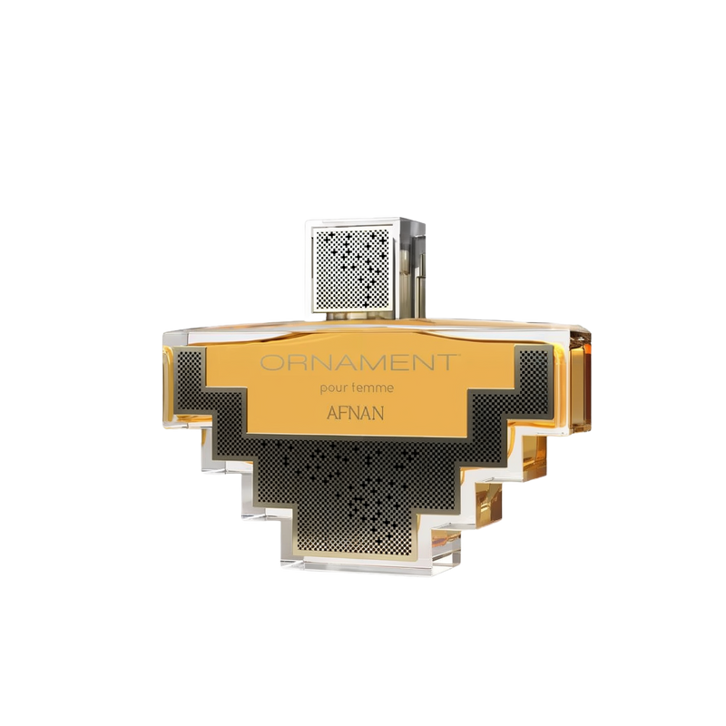 A uniquely designed perfume bottle of "Ornament Pour Femme" by Afnan. The bottle features a geometric silhouette.