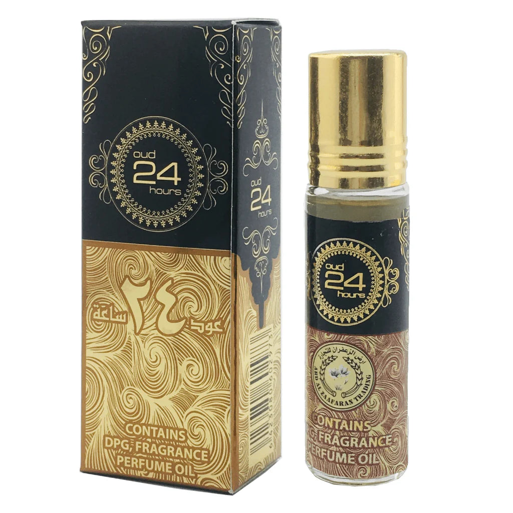 Oud 24 Hours Roll-On Perfume by Ard Al Zaafaran, featuring a 10ml glass bottle with a gold cap and a black label with gold detailing. The label displays the "Oud 24 hours" branding and intricate designs.