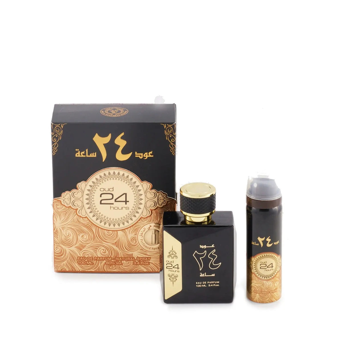 The image shows a perfume product set which includes a bottle and a canister, likely a deodorant, with the same branding. On the left, there is a boxed perfume named "Oud 24 hours" by "Ard Al Zaafaran". The box is dark with golden ornamental patterns and text, featuring a circular label design in the center. To the right, there is a black square-shaped perfume bottle with a textured golden cap and golden writing that matches the box design, along with a cylindrical black deodorant spray.