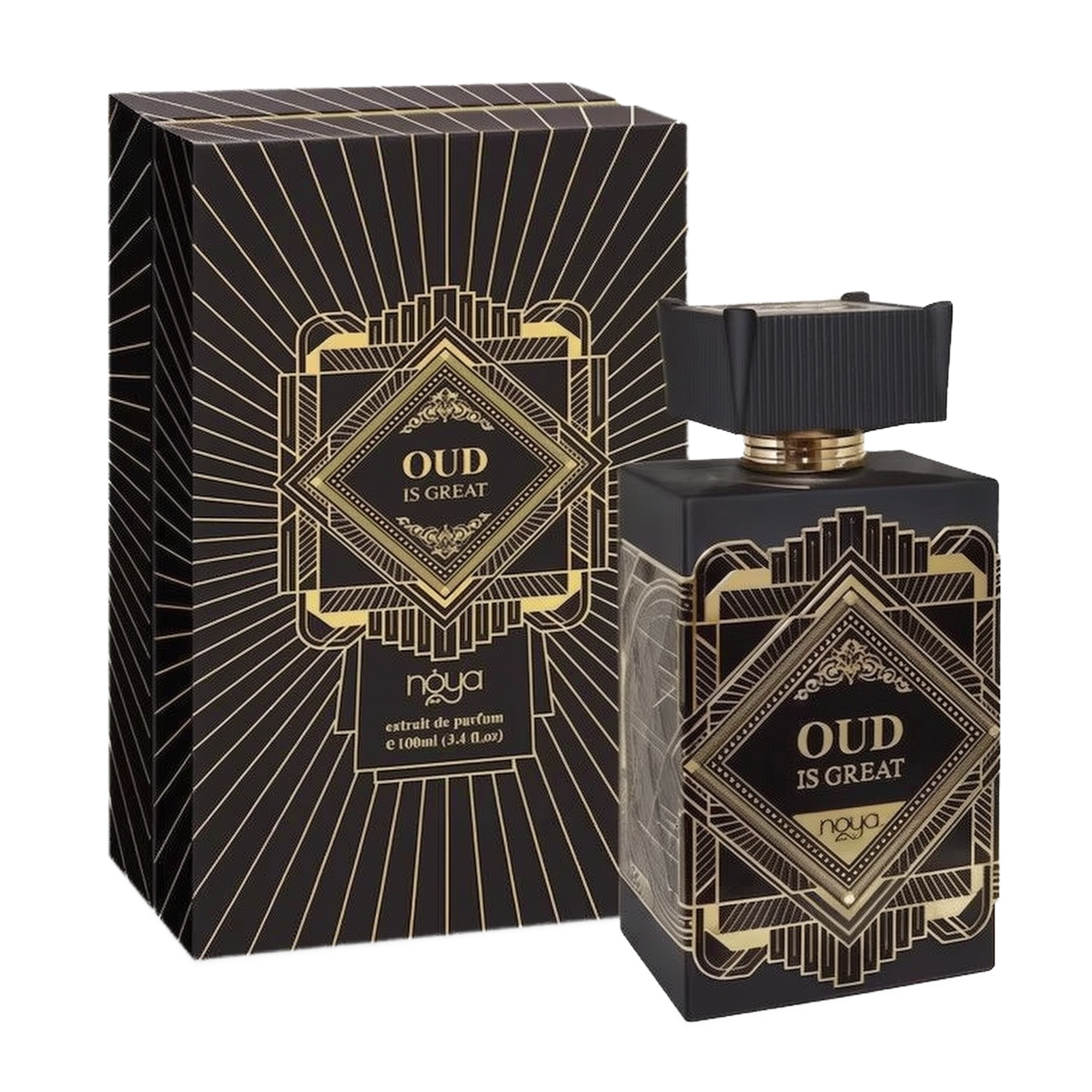 The image features a perfume set called "OUD IS GREAT" by the brand Noya. It includes a square, dark-colored bottle with a ribbed black cap and a golden ring around the neck. The front of the bottle displays an intricate geometric and Art Deco-style golden design framing the bold, capitalized text "OUD IS GREAT" set against a black background. The text "noya" appears in a smaller font at the bottom, indicating the brand. 