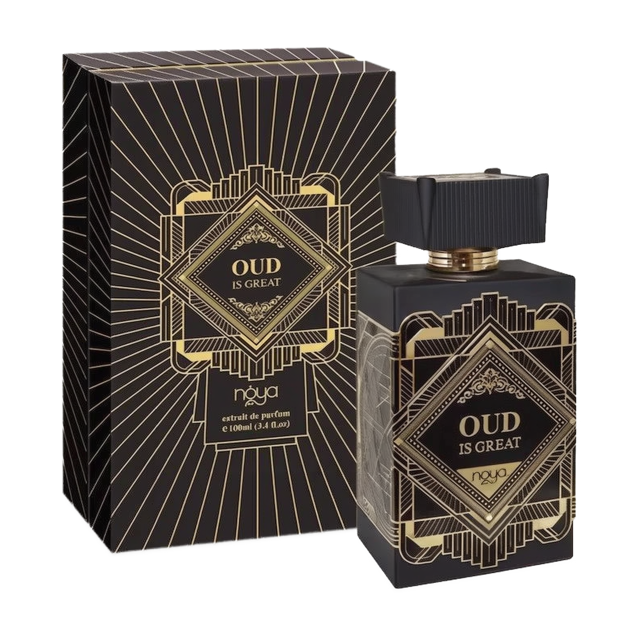 The image features a perfume set called "OUD IS GREAT" by the brand Noya. It includes a square, dark-colored bottle with a ribbed black cap and a golden ring around the neck. The front of the bottle displays an intricate geometric and Art Deco-style golden design framing the bold, capitalized text "OUD IS GREAT" set against a black background. The text "noya" appears in a smaller font at the bottom, indicating the brand. 