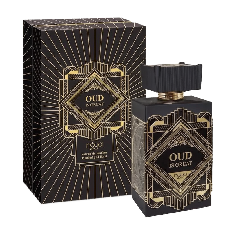 The image features a perfume set called "OUD IS GREAT" by the brand Noya. It includes a square, dark-colored bottle with a ribbed black cap and a golden ring around the neck. The front of the bottle displays an intricate geometric and Art Deco-style golden design framing the bold, capitalized text "OUD IS GREAT" set against a black background. The text "noya" appears in a smaller font at the bottom, indicating the brand. 