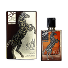 This image displays the "Oud Lail Maleki" perfume by Lattafa. The packaging features a dark background with a striking gold and black depiction of a rearing horse, adorned with intricate Arabic calligraphy. The same design is replicated on the amber-colored glass bottle, which has a black cap and gold accents, including the name of the perfume in both Arabic and English script. The label "Lail maleki" is prominently displayed below the horse on both the packaging and the bottle.
