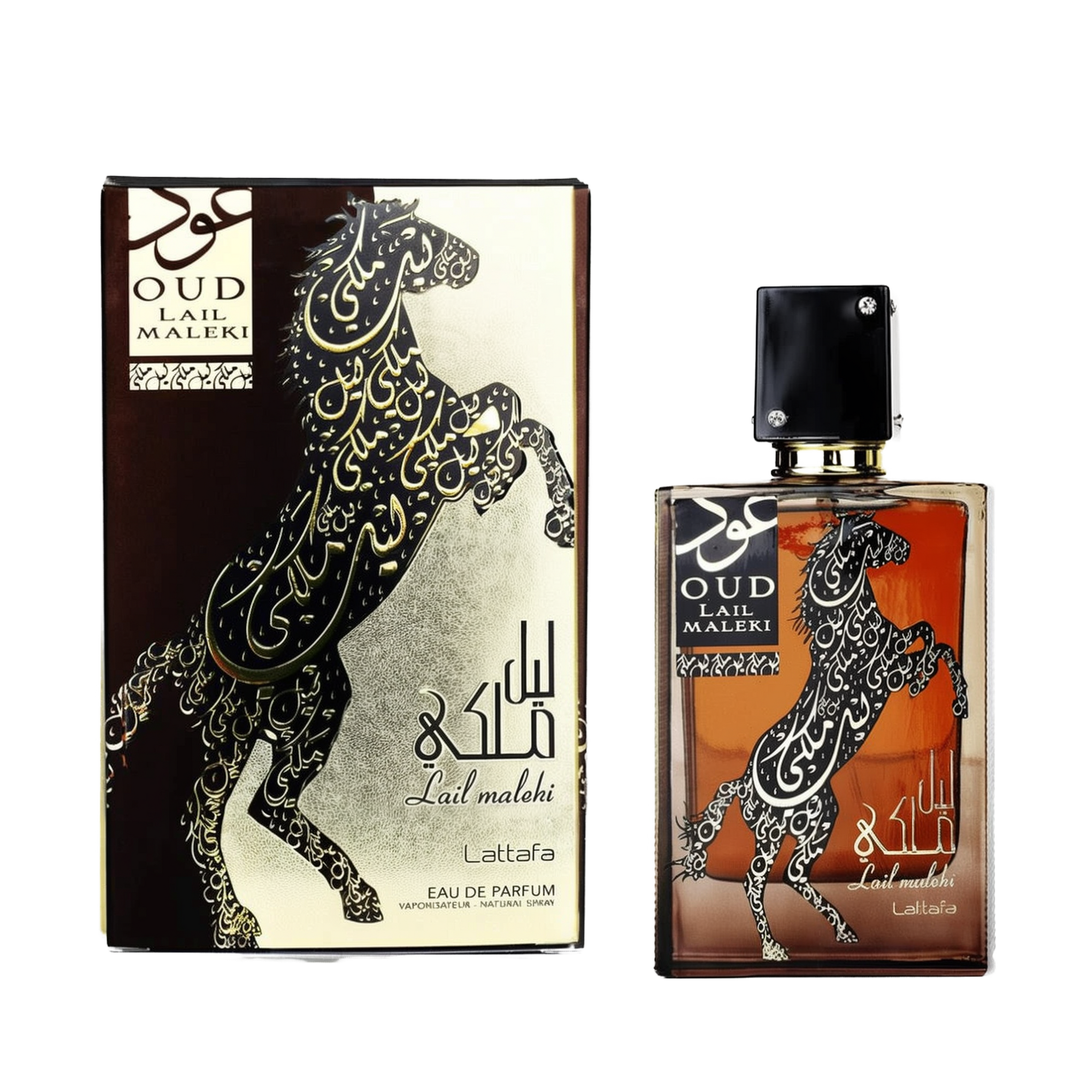 This image displays the "Oud Lail Maleki" perfume by Lattafa. The packaging features a dark background with a striking gold and black depiction of a rearing horse, adorned with intricate Arabic calligraphy. The same design is replicated on the amber-colored glass bottle, which has a black cap and gold accents, including the name of the perfume in both Arabic and English script. The label "Lail maleki" is prominently displayed below the horse on both the packaging and the bottle.