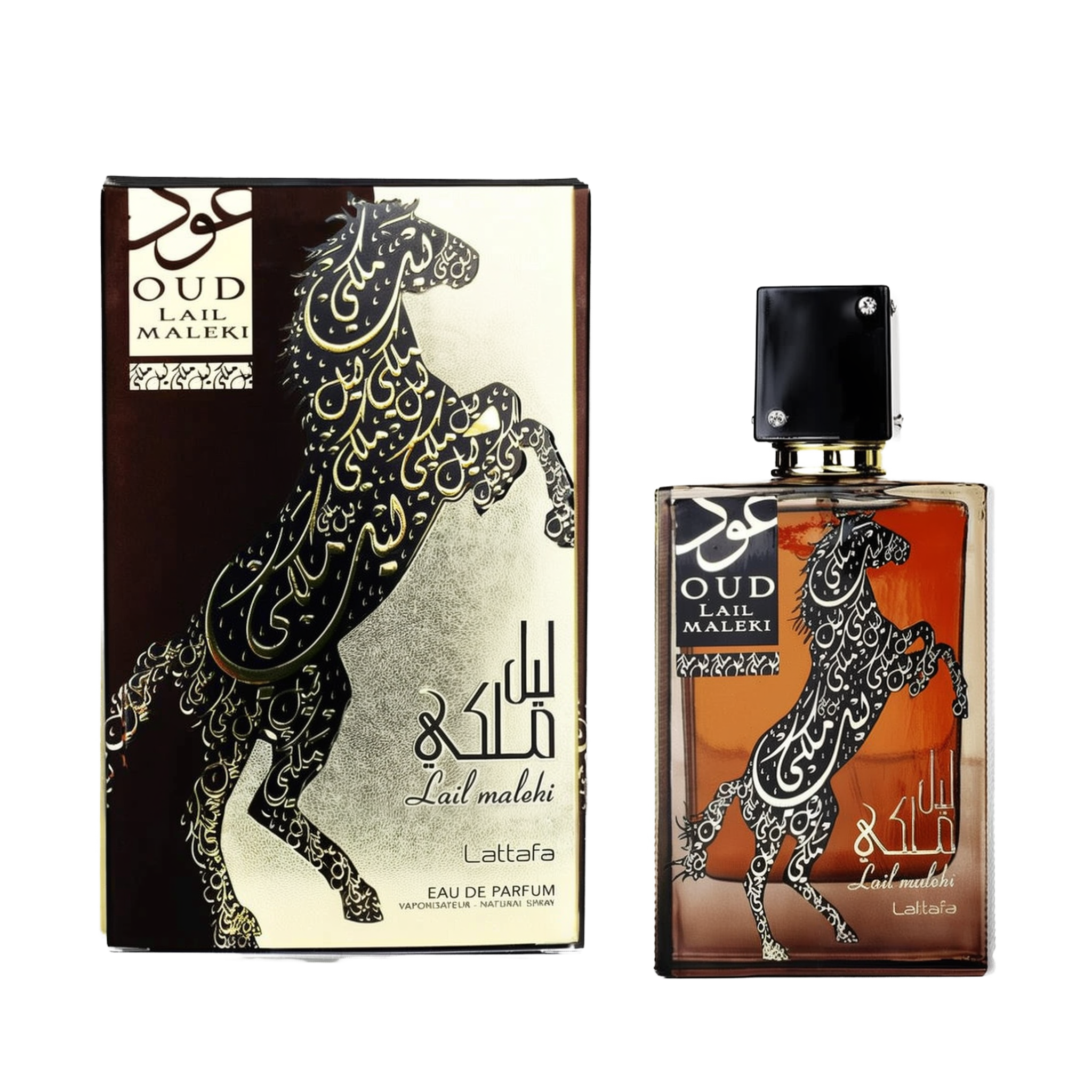 This image displays the "Oud Lail Maleki" perfume by Lattafa. The packaging features a dark background with a striking gold and black depiction of a rearing horse, adorned with intricate Arabic calligraphy. The same design is replicated on the amber-colored glass bottle, which has a black cap and gold accents, including the name of the perfume in both Arabic and English script. The label "Lail maleki" is prominently displayed below the horse on both the packaging and the bottle.