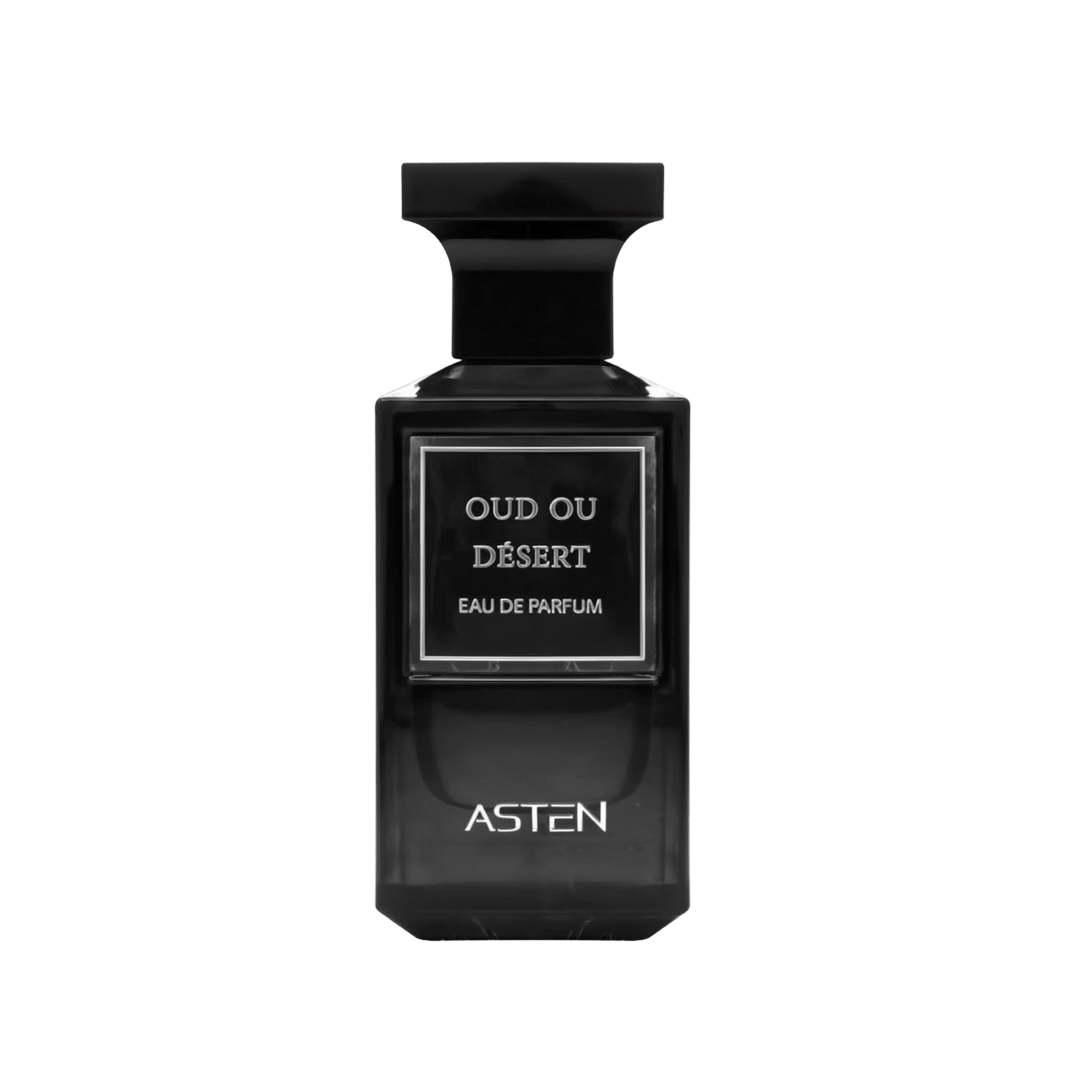 A rectangular black glass perfume bottle with a matching black, T-shaped cap. The front label reads “OUD OU DÉSERT Eau De Parfum,” and the brand name “ASTEN” is printed near the bottom.