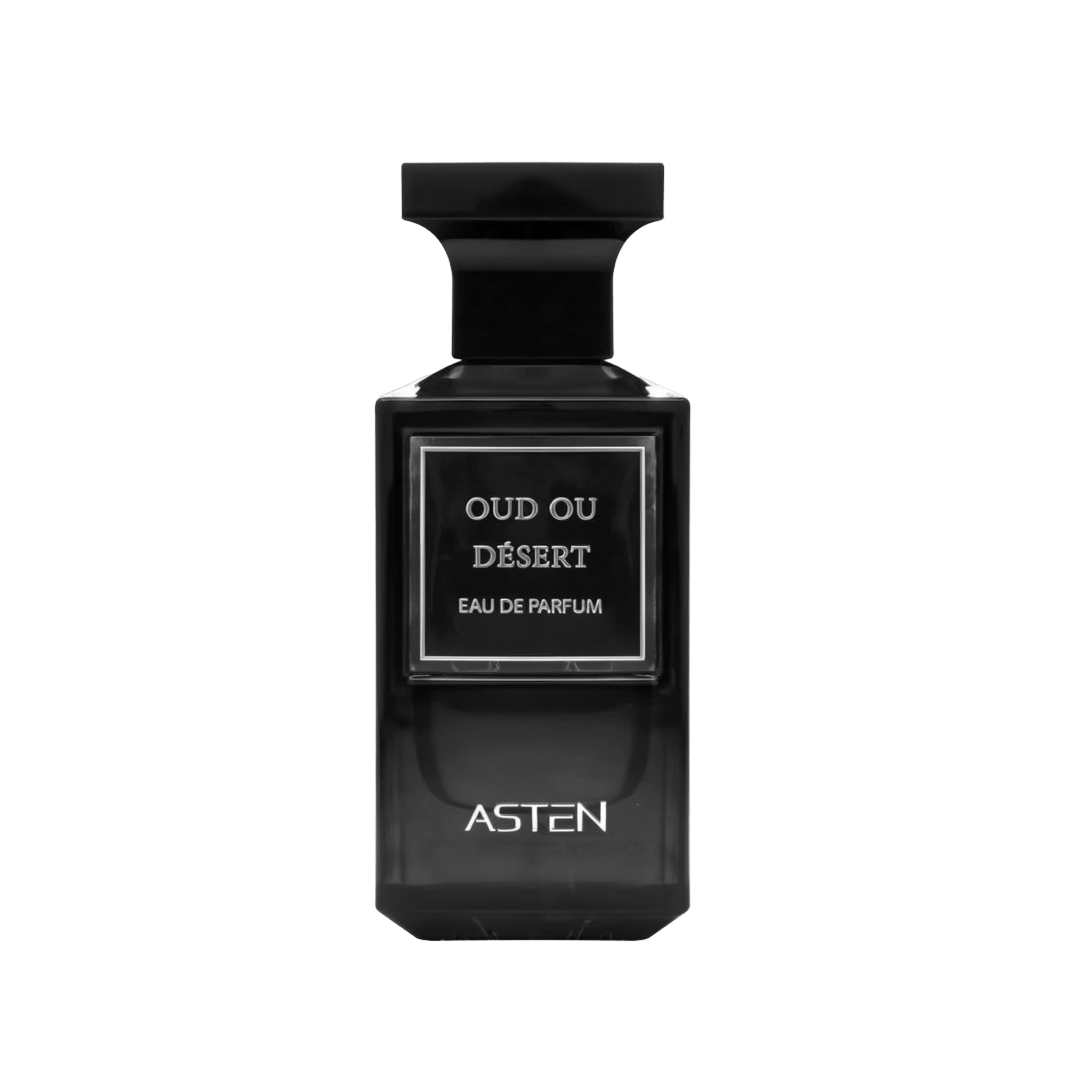 A rectangular black glass perfume bottle with a matching black, T-shaped cap. The front label reads “OUD OU DÉSERT Eau De Parfum,” and the brand name “ASTEN” is printed near the bottom.