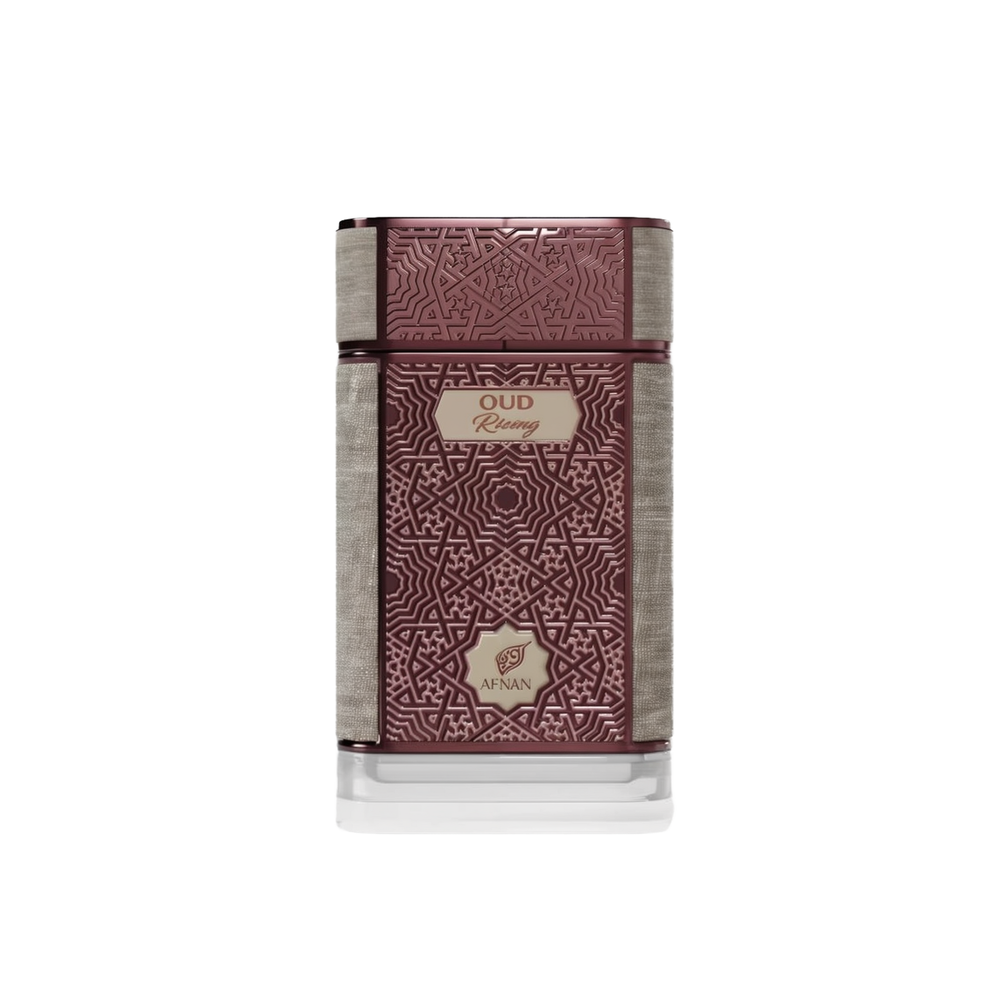 The image shows a rectangular perfume bottle with a sophisticated design. The bottle is predominantly a rich, dark maroon color with intricate, embossed geometric patterns that give it a textured look. There is a silver-colored, textured band that wraps horizontally around the bottle, dividing it roughly into thirds. Above this band is the brand name "AFNAN" in a stylized emblem, and below it is the fragrance name "OUD Rising" in a simple, elegant font on a cream-colored label.