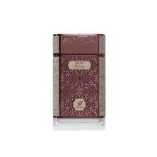 The image shows a rectangular perfume bottle with a sophisticated design. The bottle is predominantly a rich, dark maroon color with intricate, embossed geometric patterns that give it a textured look. There is a silver-colored, textured band that wraps horizontally around the bottle, dividing it roughly into thirds. Above this band is the brand name "AFNAN" in a stylized emblem, and below it is the fragrance name "OUD Rising" in a simple, elegant font on a cream-colored label.