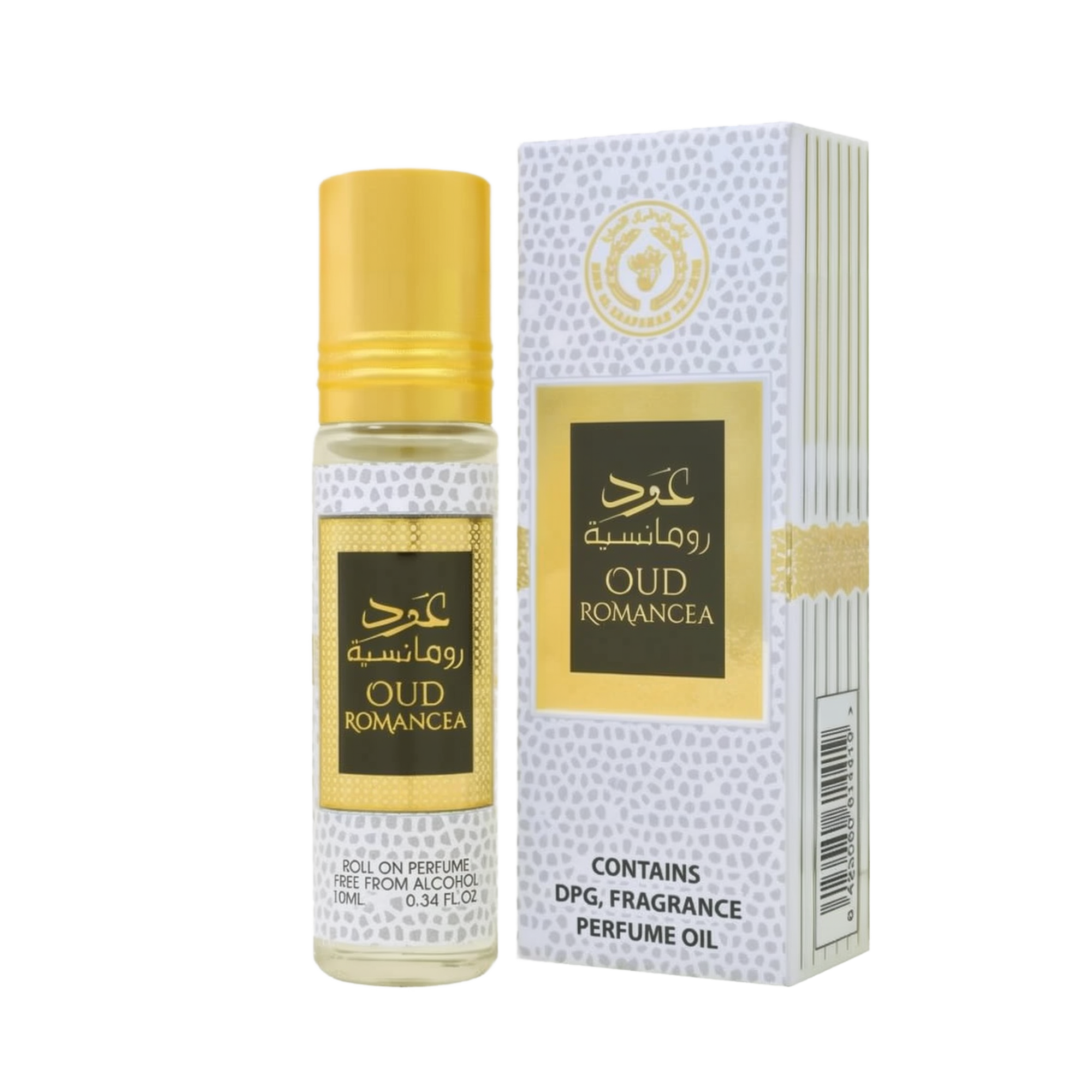 The image shows a product named "Oud Romancea," which is a roll-on perfume oil by Ard Al Zaafaran. The product is contained in a small 10 ml (0.34 fl. oz.) glass bottle with a golden cap. The bottle and its accompanying box feature a white and gold patter