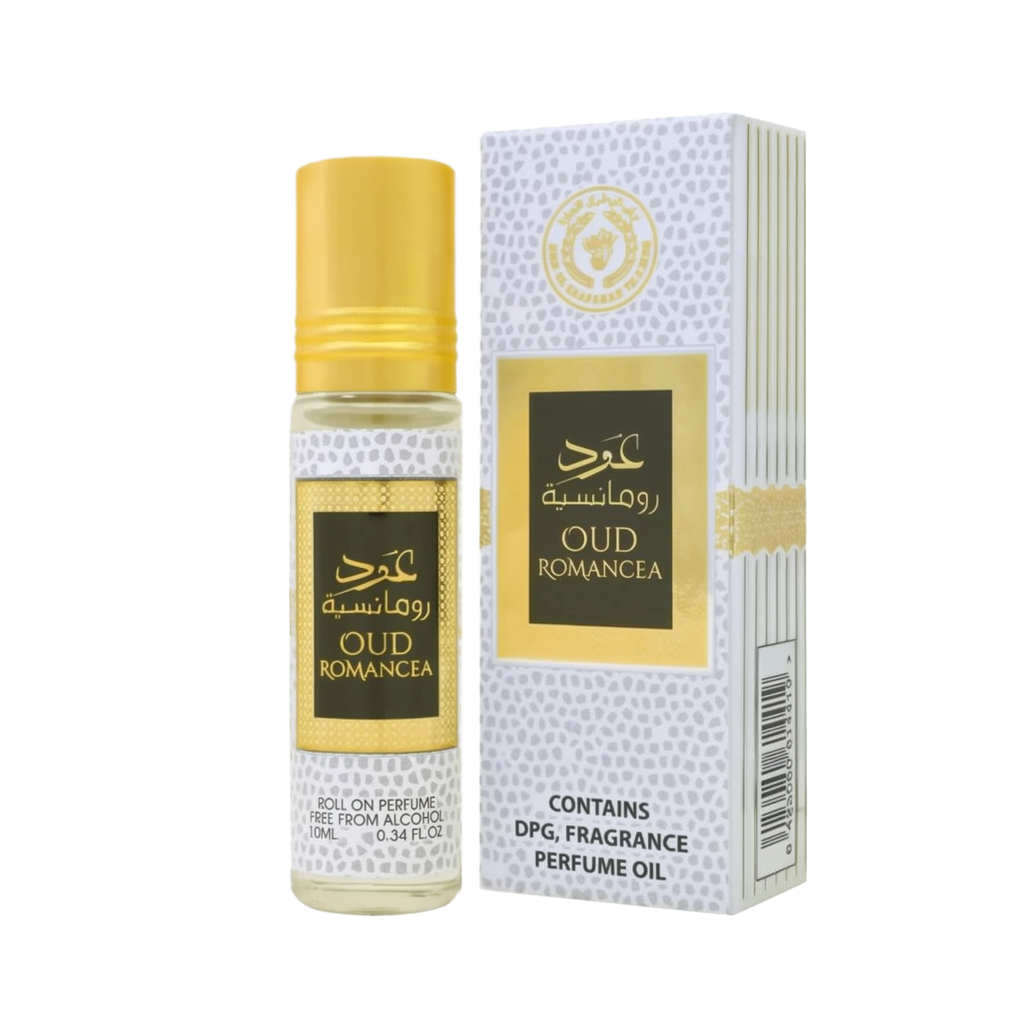 The image shows a product named "Oud Romancea," which is a roll-on perfume oil by Ard Al Zaafaran. The product is contained in a small 10 ml (0.34 fl. oz.) glass bottle with a golden cap. The bottle and its accompanying box feature a white and gold patter