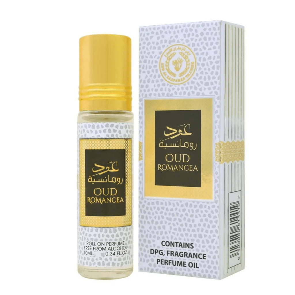 The image shows a product named "Oud Romancea," which is a roll-on perfume oil by Ard Al Zaafaran. The product is contained in a small 10 ml (0.34 fl. oz.) glass bottle with a golden cap. The bottle and its accompanying box feature a white and gold patterned design.