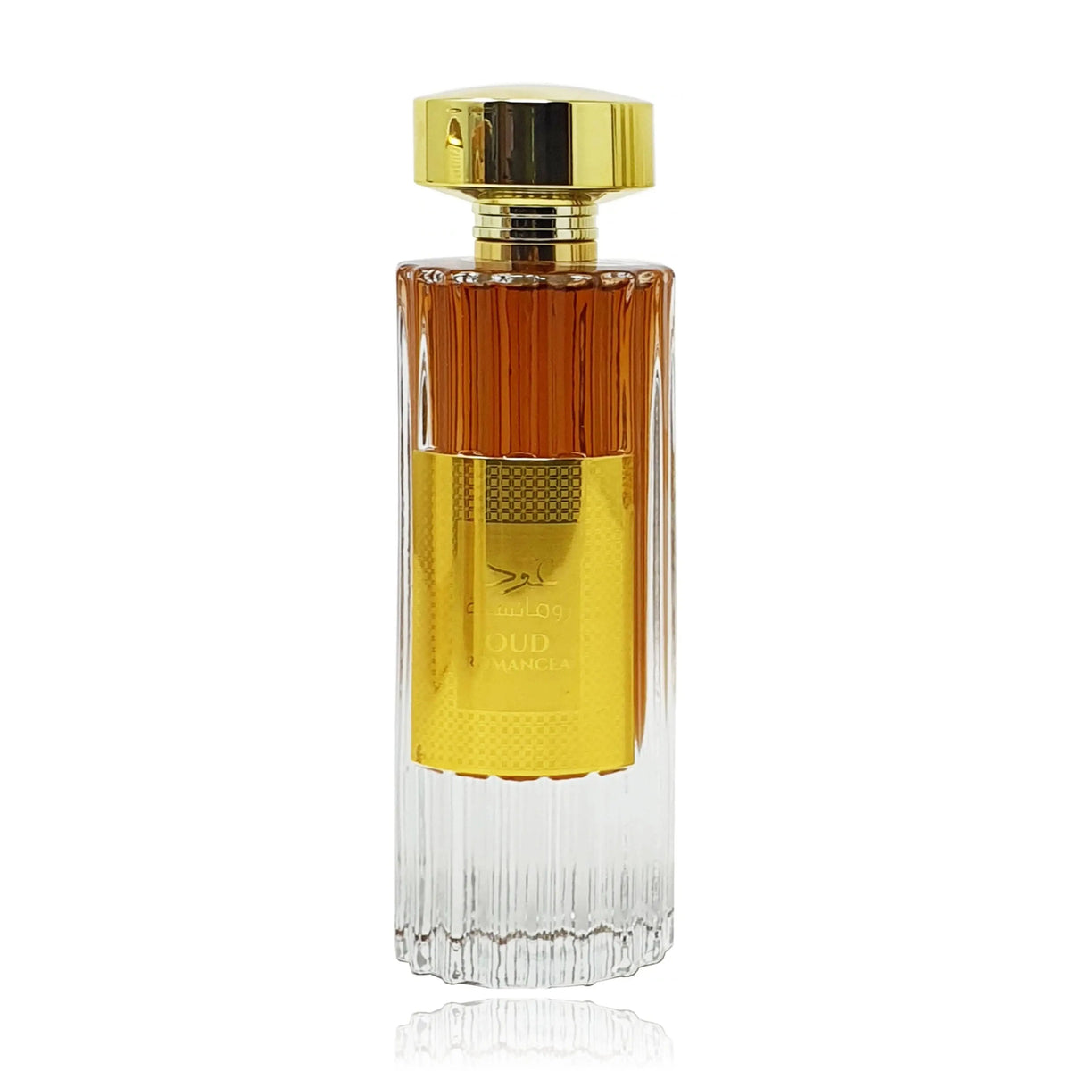 The image features a tall, rectangular perfume bottle with a clear glass lower half and an amber-colored upper half. The bottle has a golden cap and a golden label in the center with the text "Oud Romancea" in both Arabic and English script, along with an intricate pattern that suggests a luxurious brand.  The perfume liquid appears to be a light amber color, and the bottle is placed against a white background with a reflective surface below it, creating a subtle reflection of the bottle.