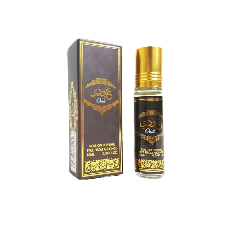 Oudi Roll-On Perfume by Ard Al Zaafaran, featuring a 10ml glass bottle with a gold cap and intricate gold design on the label. The perfume is alcohol-free and comes in a sleek, dark brown box adorned with gold detailing.