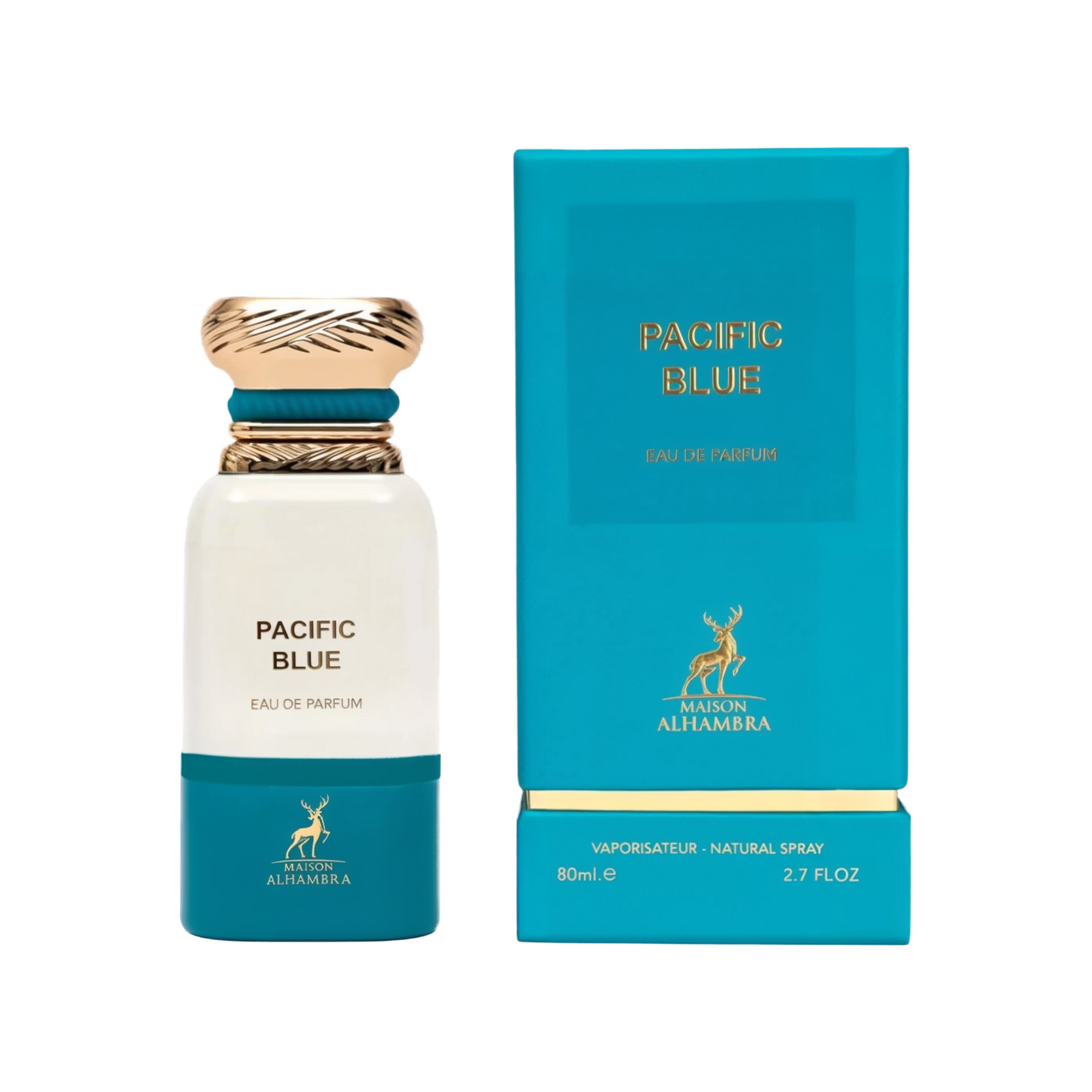 A cylindrical white perfume bottle with a gold and teal cap labeled ‘Pacific Blue Eau De Parfum’ by Maison Alhambra, shown next to its matching teal box with gold lettering and a deer logo."