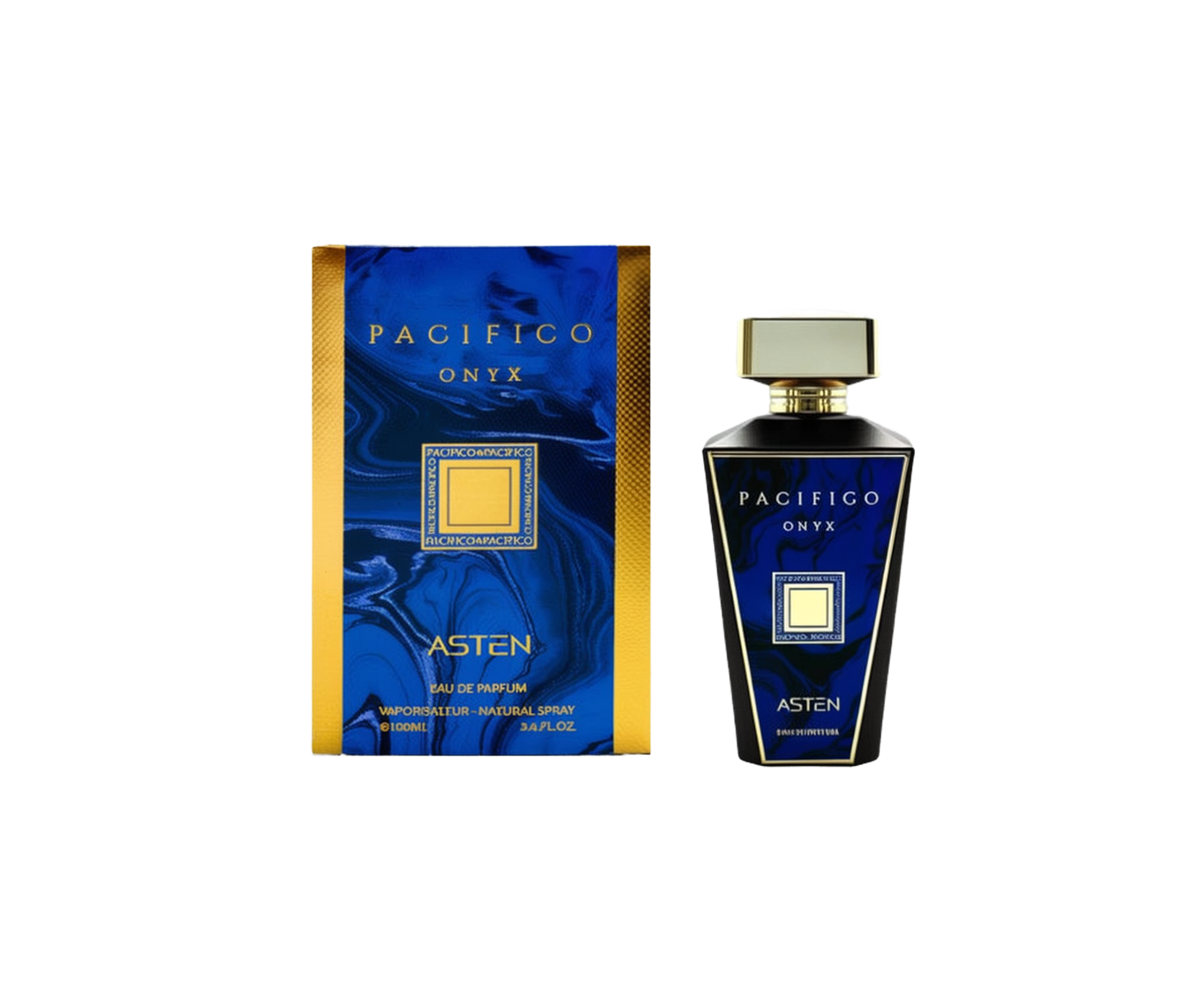 A black rectangular perfume box with a vivid blue marbled front panel and gold text reading “PACIFICO ONYX.” Next to it is a tall, black perfume bottle featuring the same marbled blue label, topped with a gold cap, and branded “Asten Eau De Parfum.”
