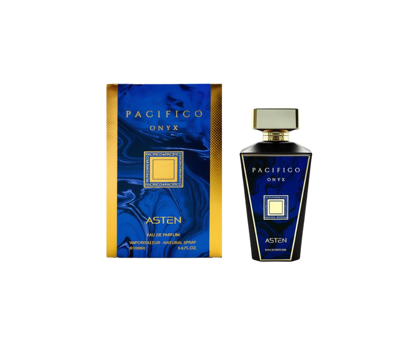 A black rectangular perfume box with a vivid blue marbled front panel and gold text reading “PACIFICO ONYX.” Next to it is a tall, black perfume bottle featuring the same marbled blue label, topped with a gold cap, and branded “Asten Eau De Parfum.”