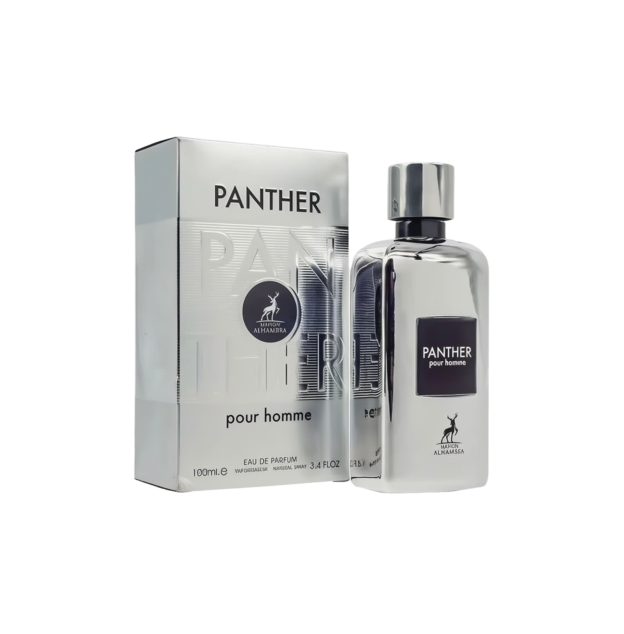 The image shows a sleek, metallic silver perfume bottle labeled "PANTHER pour homme" with the Maison Alhambra logo. The bottle has a reflective surface and a rectangular shape with a black label and cap. Next to the bottle is the matching silver packaging