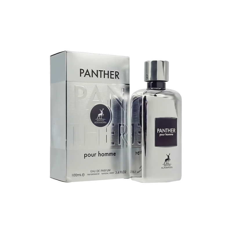 The image shows a sleek, metallic silver perfume bottle labeled "PANTHER pour homme" with the Maison Alhambra logo. The bottle has a reflective surface and a rectangular shape with a black label and cap. Next to the bottle is the matching silver packaging