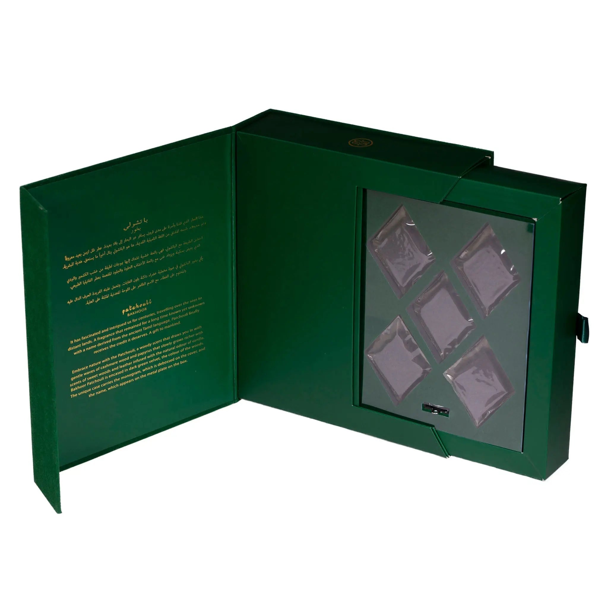 The image shows a luxurious green box opened to display six wrapped squares of bakhoor incense. The left side of the interior of the box features text in gold lettering against the green background, likely describing the product, with the title "Patchouli" visible at the bottom. The overall design is elegant and clean, suggesting a premium quality product.