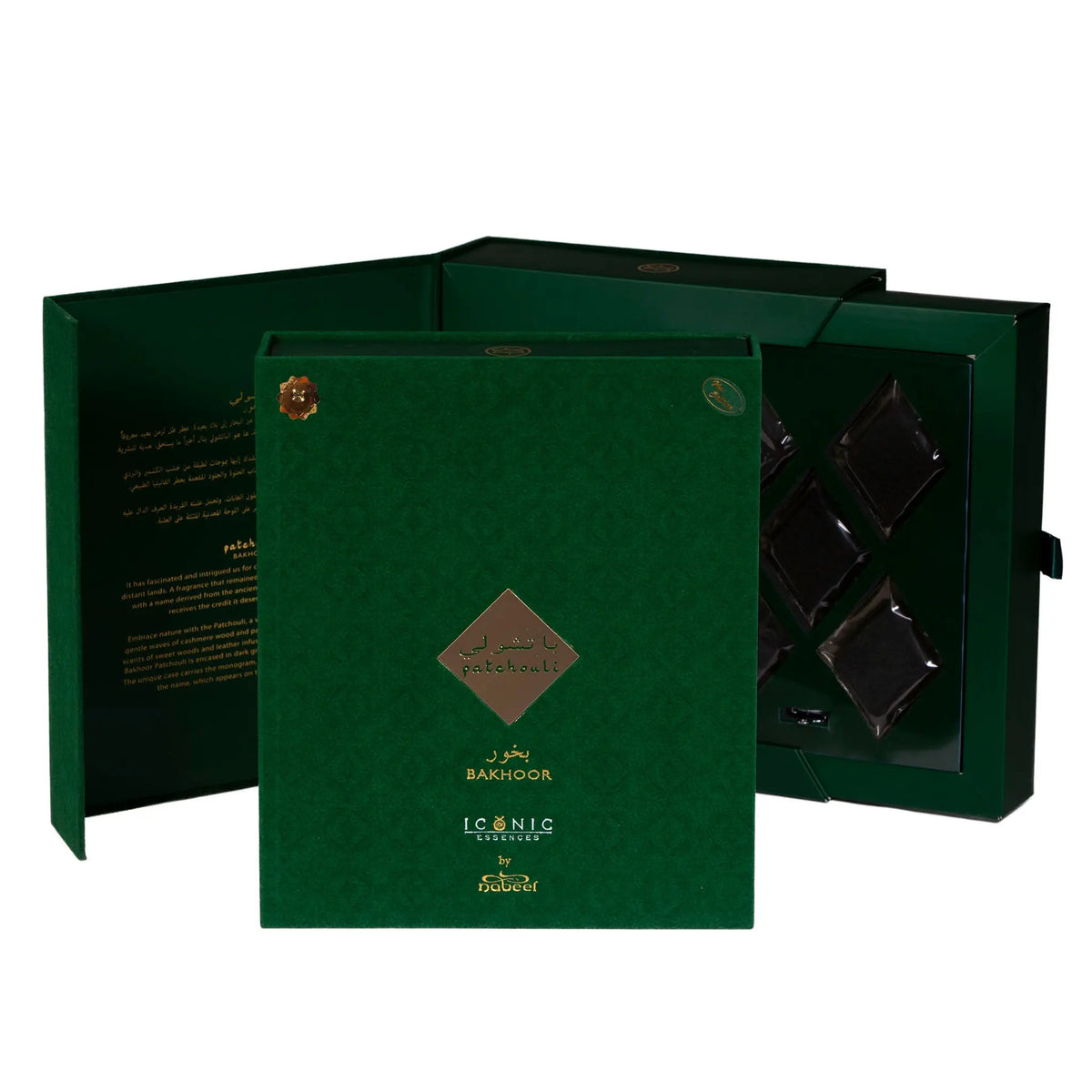 This image features an elegant green and gold packaging of "BAKHOOR Patchouli" by ICONIC series from Nabeel. The open box reveals several dark brown squares of bakhoor, a type of fragranced incense. The interior of the lid contains text in both Arabic and English, presumably describing the product and its use. The exterior of the box displays a gold emblem and branding that contrasts with the rich green background.