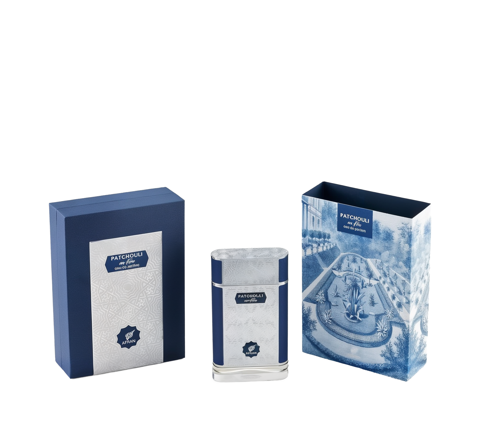 The image showcases a set of perfume products with their packaging. There are two boxes and one perfume bottle, all with a consistent color theme of navy blue and white. The box on the left is navy blue with a textured pattern and a white label that reads "PATCHOULI eau de parfum" along with the "AFNAN" logo.  To the right is another box with a detailed blue and white illustration of a classical garden scene, including a fountain and neatly trimmed hedges.