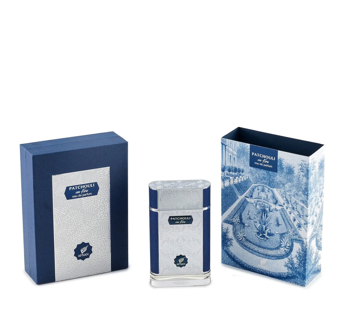 The image showcases a set of perfume products with their packaging. There are two boxes and one perfume bottle, all with a consistent color theme of navy blue and white. The box on the left is navy blue with a textured pattern and a white label that reads "PATCHOULI eau de parfum" along with the "AFNAN" logo.  To the right is another box with a detailed blue and white illustration of a classical garden scene, including a fountain and neatly trimmed hedges.