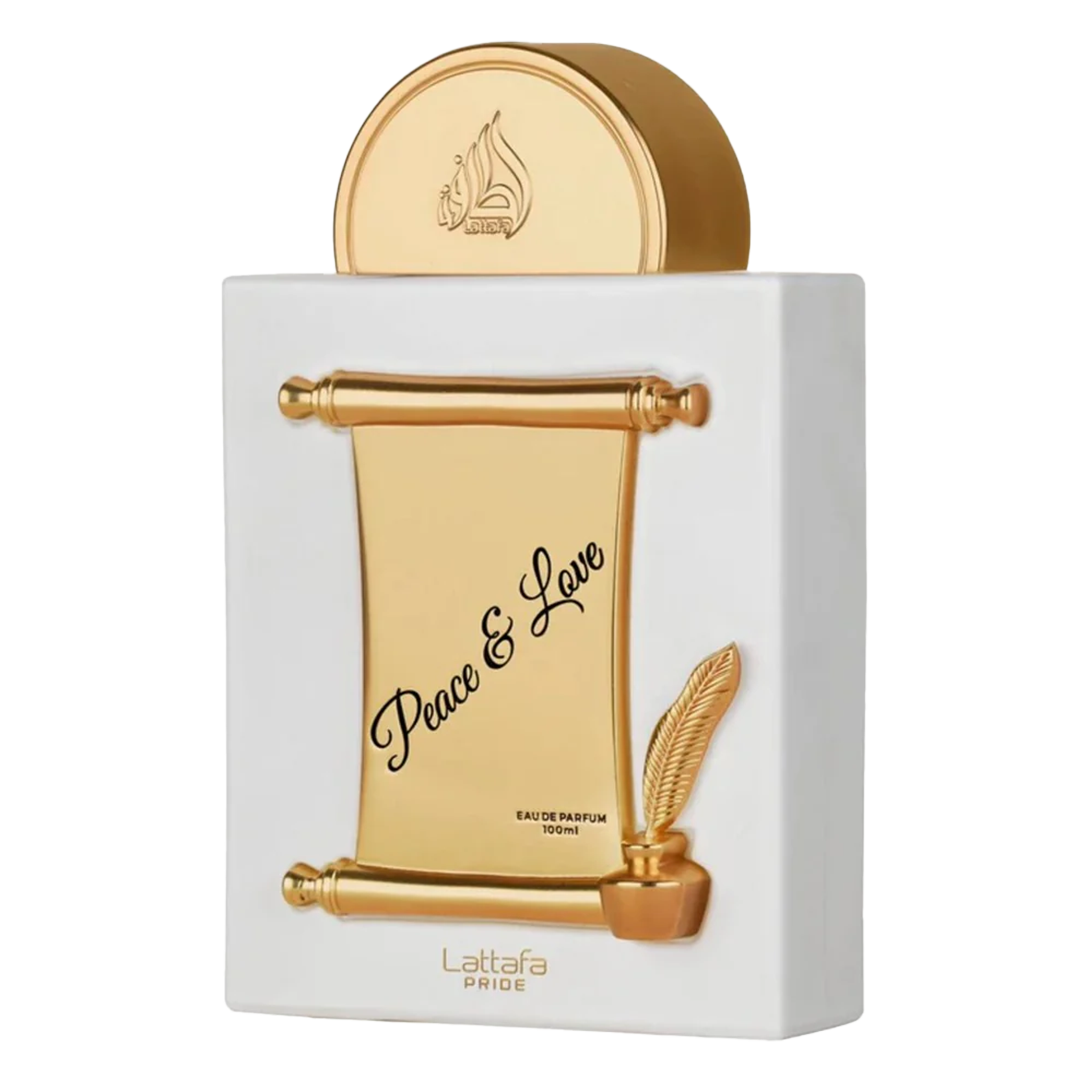 Lattafa Peace & Love perfume bottle in white and gold with scroll and quill design.