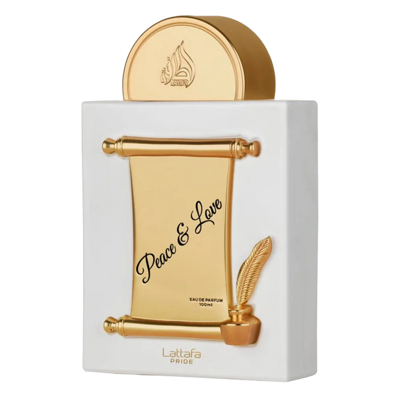 Lattafa Peace & Love perfume bottle in white and gold with scroll and quill design.