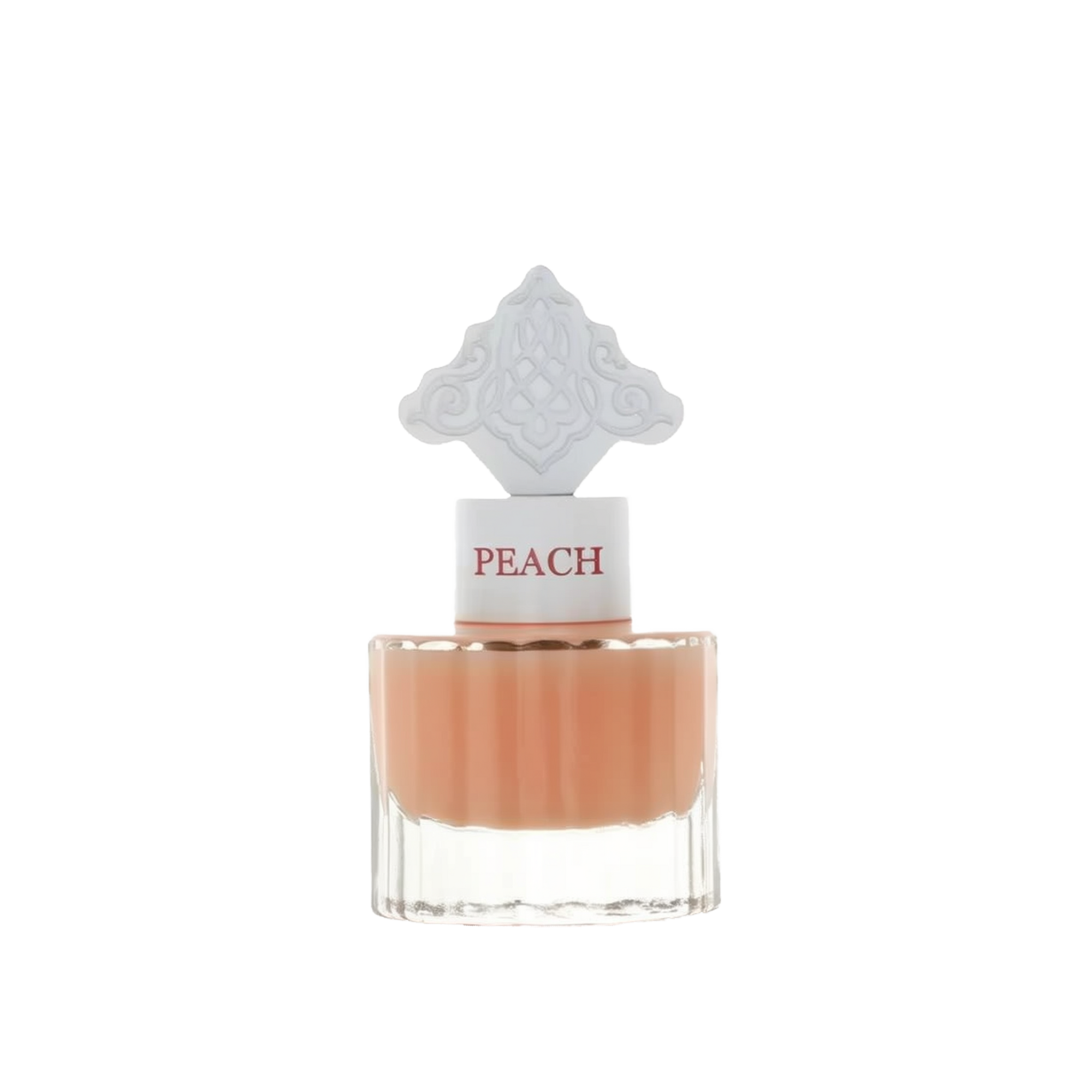 The image features a clear glass perfume bottle filled with a peach-colored liquid. The bottle has a white cap with the word "PEACH" in a peach font color. Atop the cap is an ornate white design, detailed and intricate, possibly inspired by Middle Eastern art.
