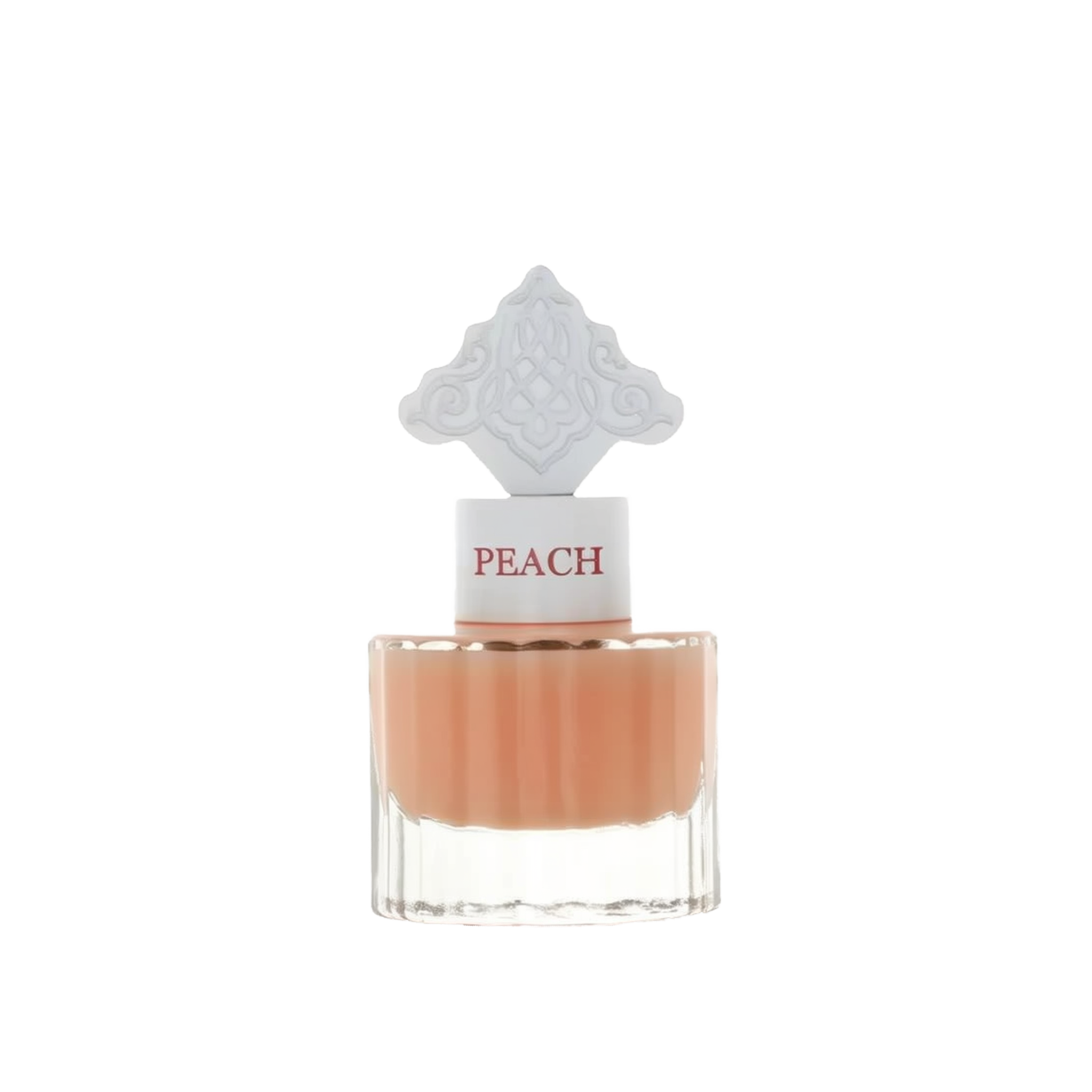The image features a clear glass perfume bottle filled with a peach-colored liquid. The bottle has a white cap with the word "PEACH" in a peach font color. Atop the cap is an ornate white design, detailed and intricate, possibly inspired by Middle Eastern art.