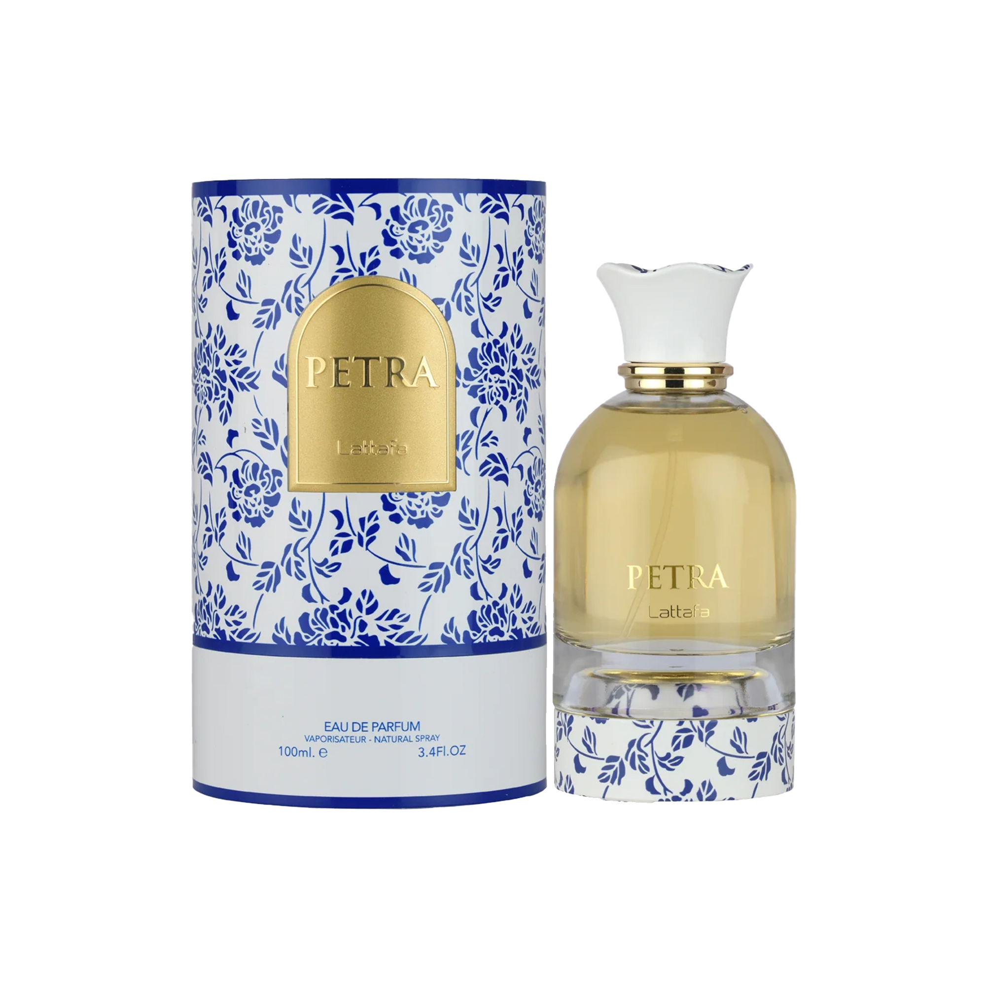 Lattafa Petra perfume bottle with white cap beside floral blue and white patterned cylindrical box.