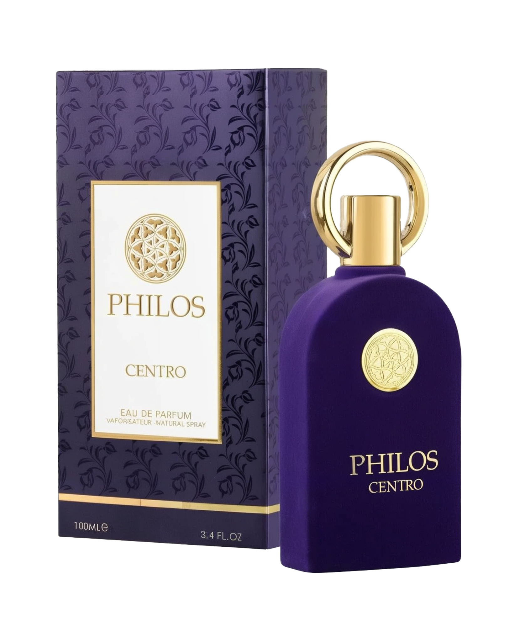 The image shows a bottle and packaging of a perfume called "Philos Centro Eau De Parfum" by Maison Alhambra. The perfume bottle is a rich purple color with a luxurious, velvety texture. It has a unique design featuring a large, round, gold-colored ring as