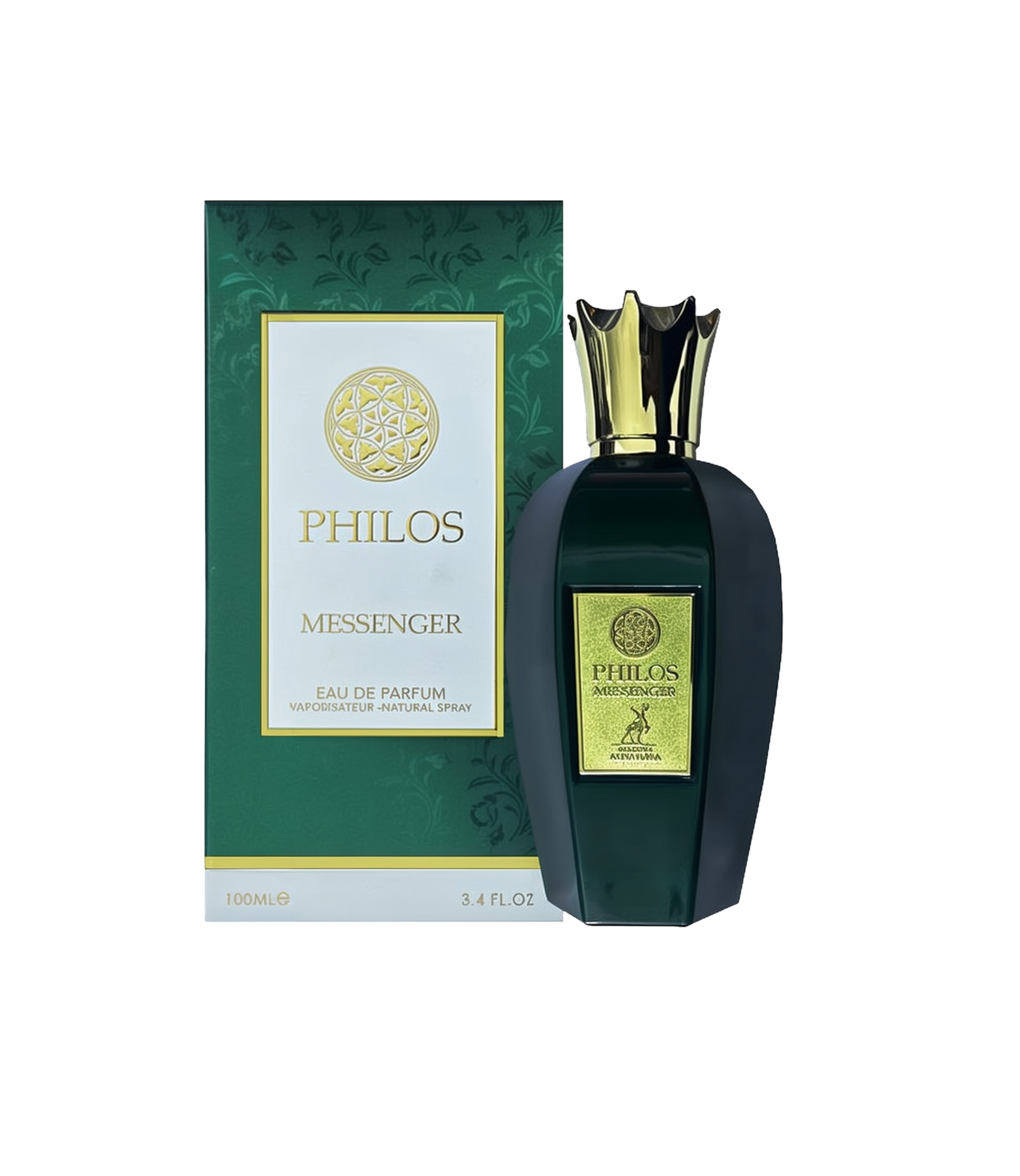 A premium bottle of Philos Messenger Eau de Parfum by Maison Alhambra, presented with a matching green and gold box. The fragrance bottle is a deep emerald green with a gold label and a crown-shaped metallic gold cap, giving it an elegant and regal appearance. The packaging highlights the product name and branding in a sophisticated font, emphasizing its luxurious appeal.
