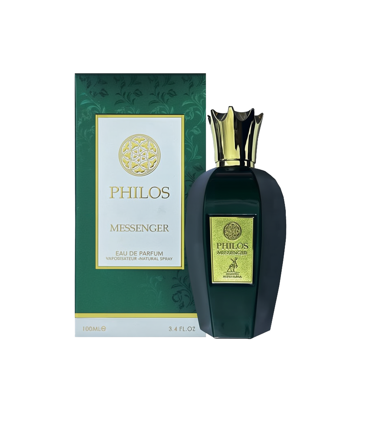 A premium bottle of Philos Messenger Eau de Parfum by Maison Alhambra, presented with a matching green and gold box. The fragrance bottle is a deep emerald green with a gold label and a crown-shaped metallic gold cap, giving it an elegant and regal appearance. The packaging highlights the product name and branding in a sophisticated font, emphasizing its luxurious appeal.