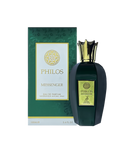A premium bottle of Philos Messenger Eau de Parfum by Maison Alhambra, presented with a matching green and gold box. The fragrance bottle is a deep emerald green with a gold label and a crown-shaped metallic gold cap, giving it an elegant and regal appearance. The packaging highlights the product name and branding in a sophisticated font, emphasizing its luxurious appeal.