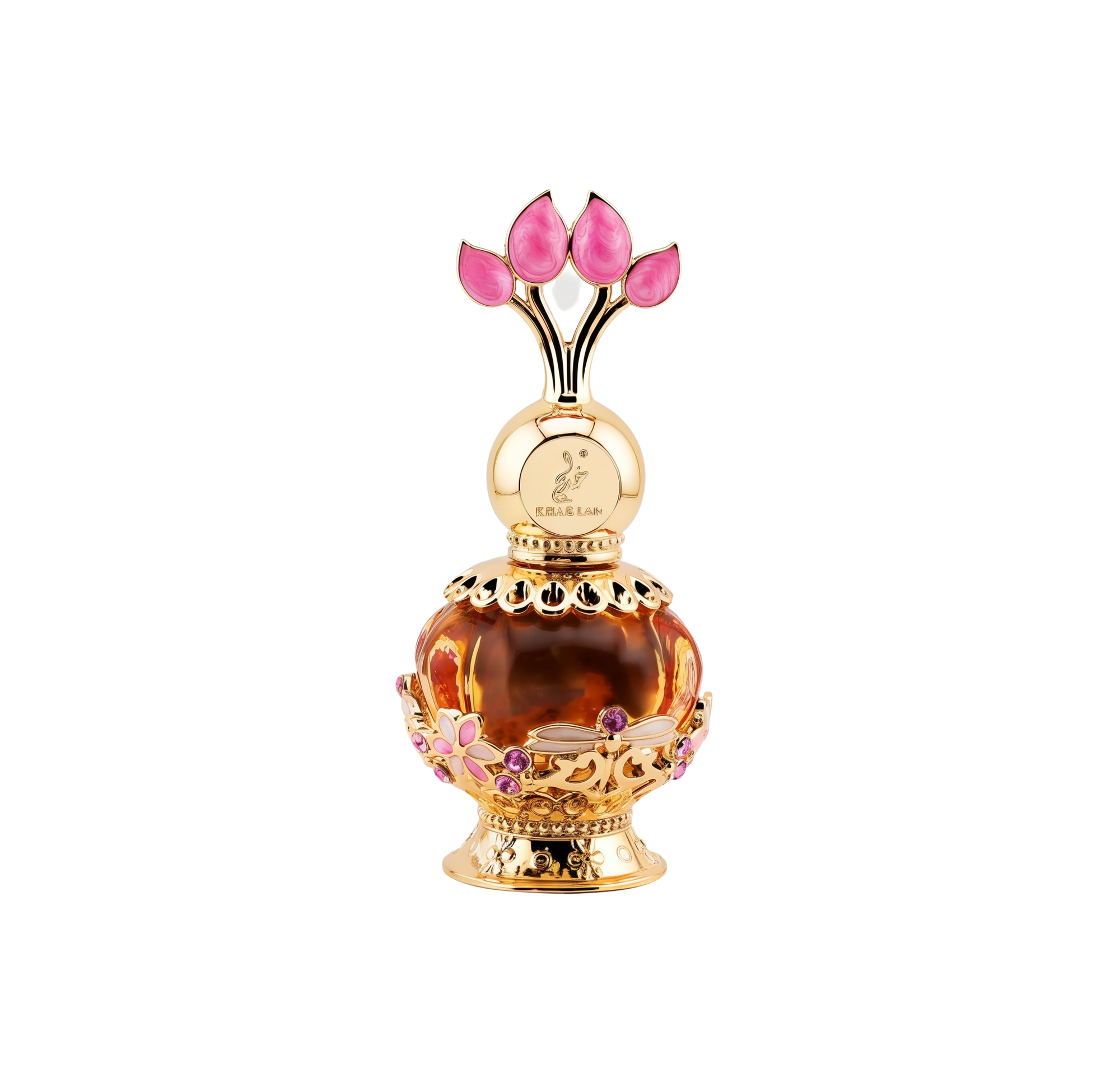 The image features a luxurious perfume bottle from Khadlaj called Pink Musk. The bottle is a decorative orb with a transparent amber body and intricate gold filigree details, including floral motifs with pink and purple crystal embellishments. The cap is a stylized design with three pink petal-shaped crystals, evoking the image of a flower or tulip. The perfume's name and the brand "Khadlaj" are inscribed on the golden neck of the bottle.