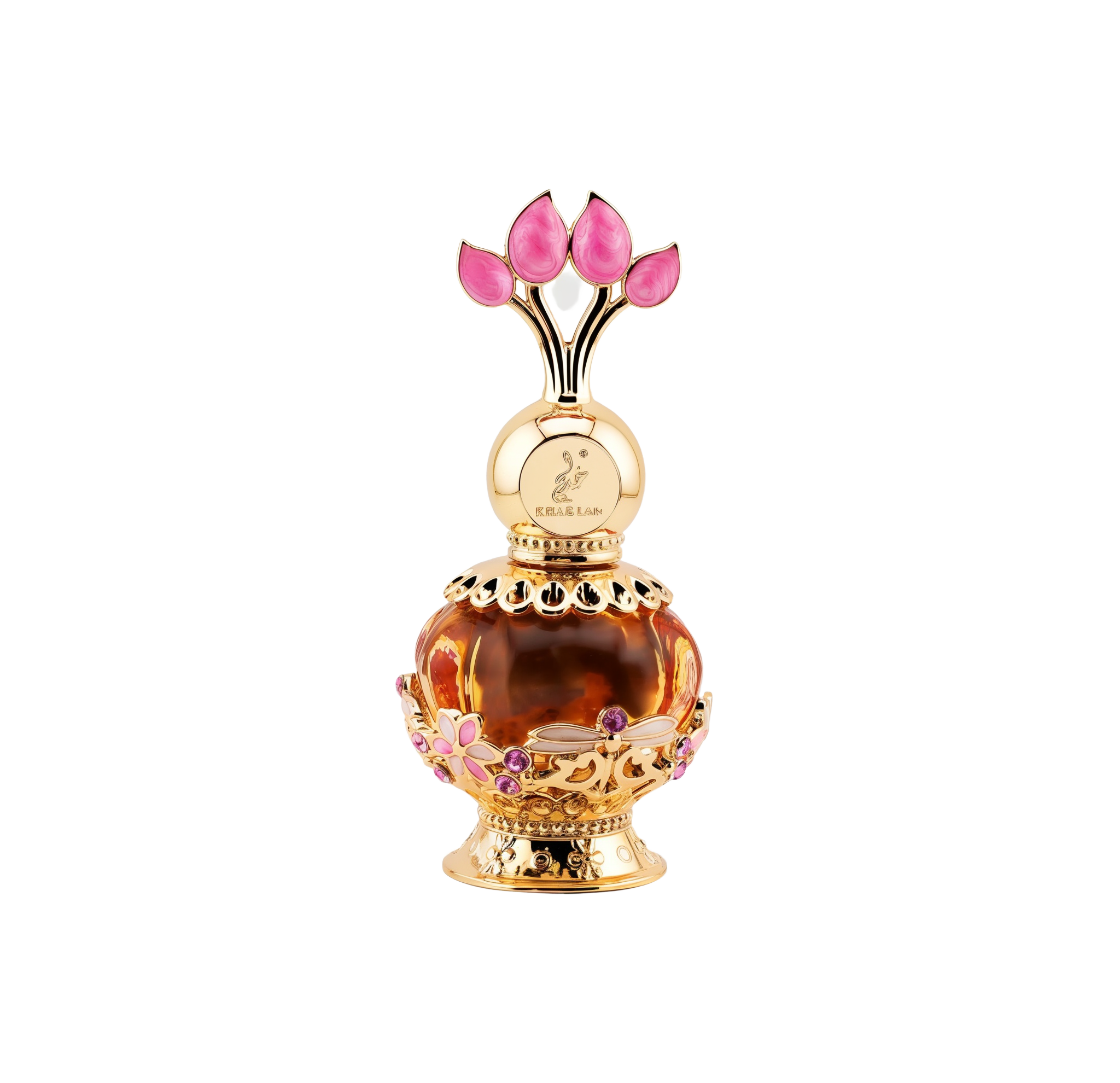 The image features a luxurious perfume bottle from Khadlaj called Pink Musk. The bottle is a decorative orb with a transparent amber body and intricate gold filigree details, including floral motifs with pink and purple crystal embellishments. The cap is a stylized design with three pink petal-shaped crystals, evoking the image of a flower or tulip. The perfume's name and the brand "Khadlaj" are inscribed on the golden neck of the bottle.