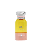 A tall, cylindrical perfume bottle with a metallic swirl cap, featuring a yellow top transitioning to a pink base, labeled ‘Pink Velvet Eau De Parfum’ by Maison Alhambra, with a deer logo at the bottom.